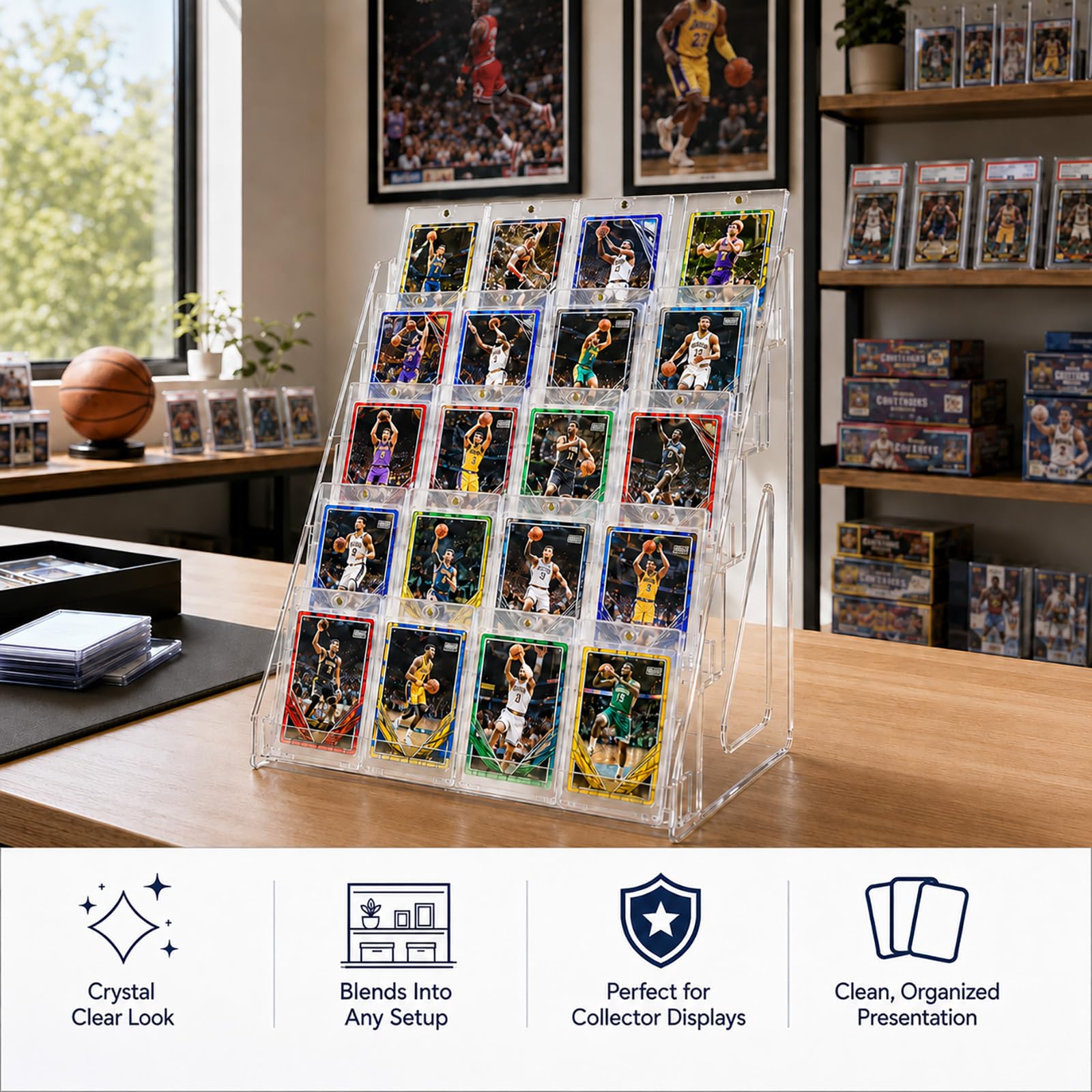 DEEIF 2 Pack Acrylic Trading Card Display Stand, 5-Tier Clear Shelf Holds Up to 40 Cards, 12