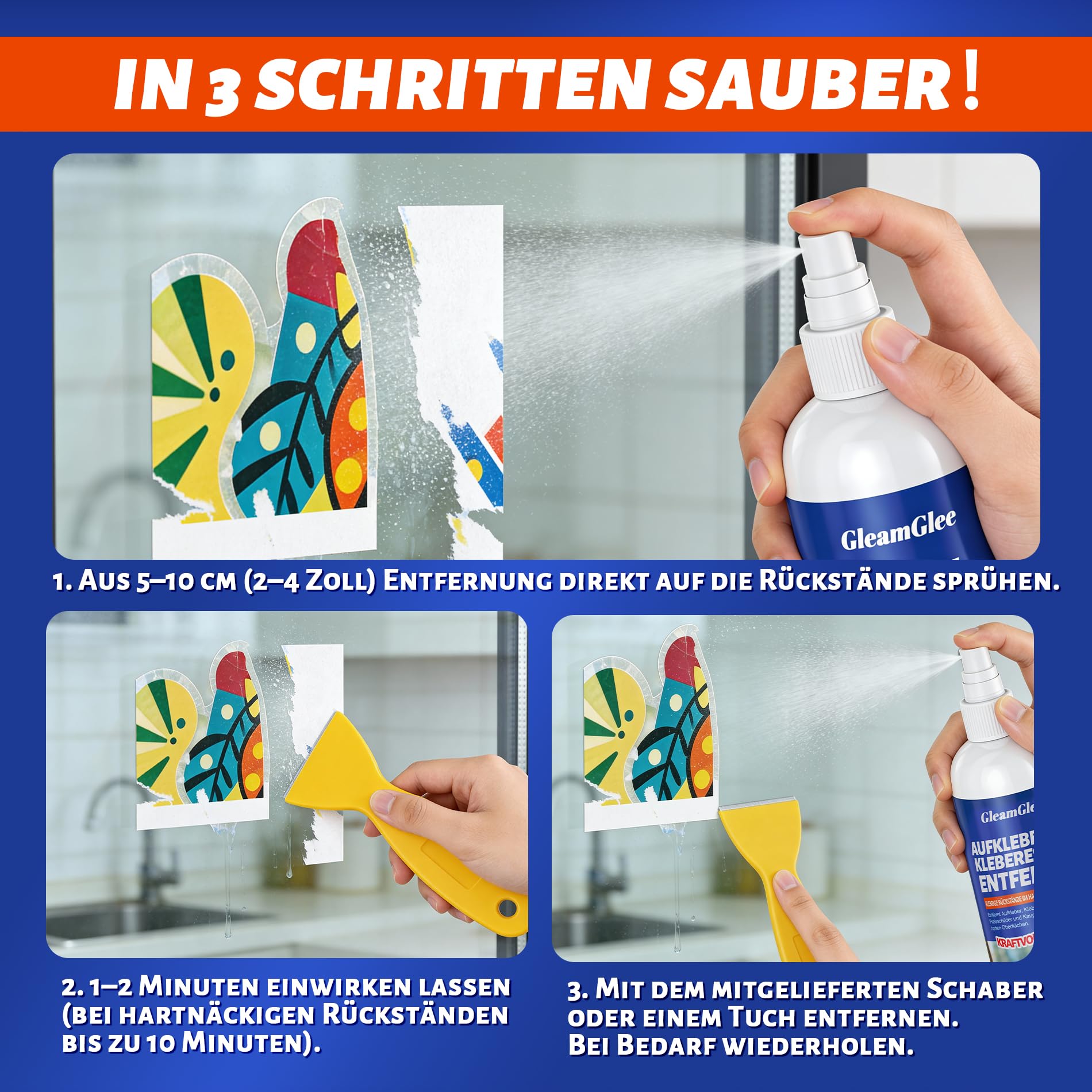 Klebstoffentferner Spray 150 ml – Profi Klebereste & Etikettenentferner für Aufkleber, Silikon, Fett, Harz & Wachsrückstände – Geeignet für Glas, Metall, Kunststoff, Holz – mit Schaber