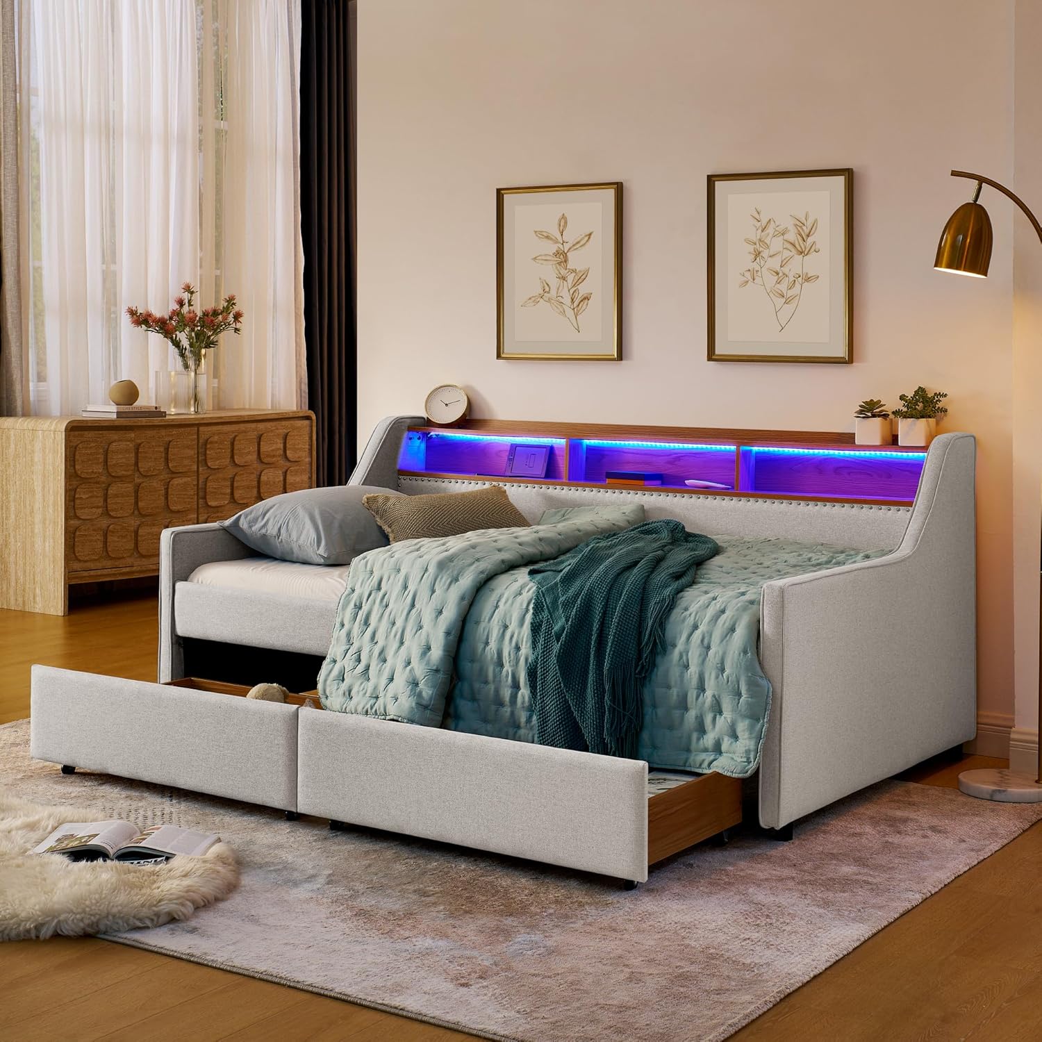Ball & Cast Twin Daybed with Two Drawers,Linen Upholstered Day Bed Frame with Storage Headboard, LED Lights & Wireless Charging,Wood Slats Supports,No Box Spring Needed,Easy Assembly,Beige