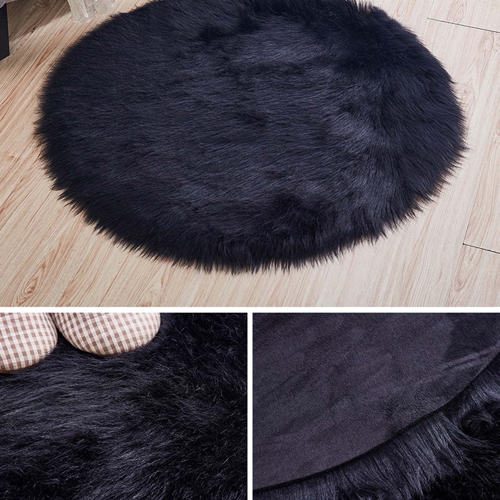Runder Kunstfell-Teppich aus Schaffell, 140 cm, weicher, flauschiger Kreis-Teppich für Schlafzimmer, schwarzer Fell-Überwurf für Wohnzimmer, flauschiger Plüschteppich