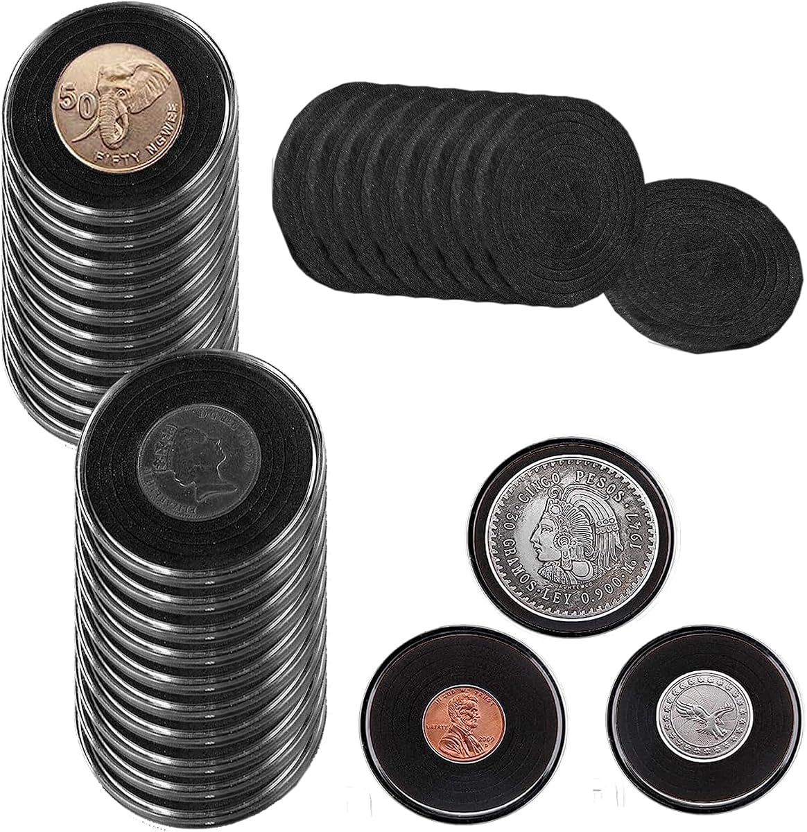 20 Pcs 46MM Coin Capsules with 6 Sizes Foam Gaskets for Coin Collection American Silver Eagle Liberty Coin, Half Dollar,Bitcoin (20Pcs Black Foam Gasket (20/25/30/35/40/46MM))