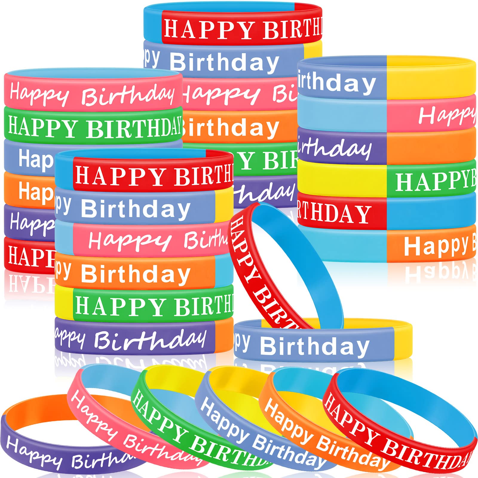 Sratte 120 Pcs Happy Birthday Rubber Bracelets for Kids Stretch Wristbands Bulk Birthday Bracelets for Classroom Student Back to School Gift Teacher
