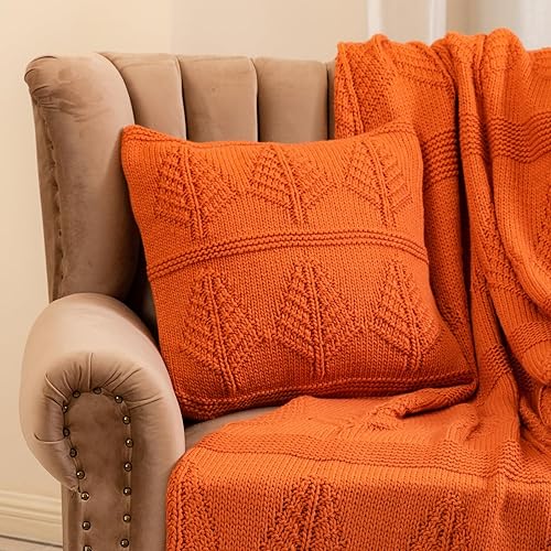 Amélie Home Fundas de almohada decorativas de otoño con patrón de hojas, funda de cojín cálida de punto para sofá, cama, 18 x 18 pulgadas, hojas de