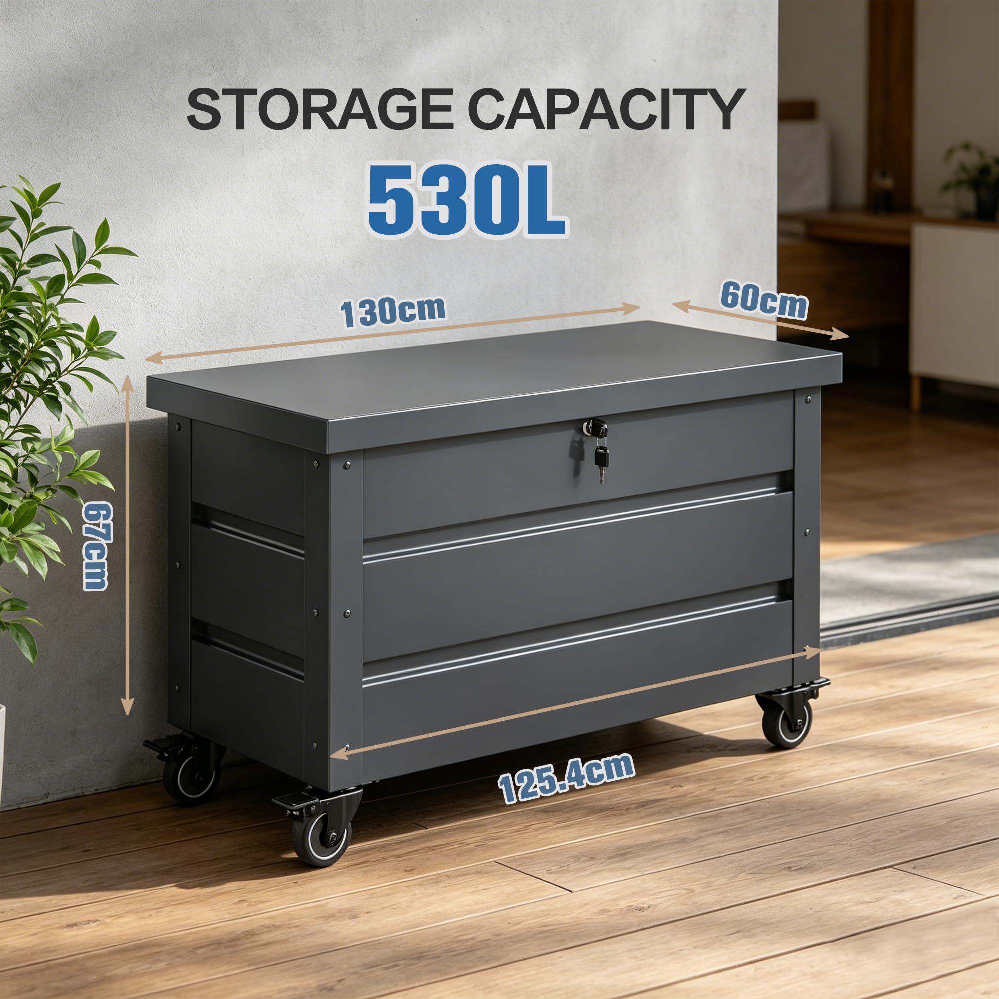 Caja de jardín de metal con ruedas y cerraduras 530 l | caja de cojín para exteriores para el jardín con revestimiento resistente a la corrosión,Caja de almacenamiento al aire libre