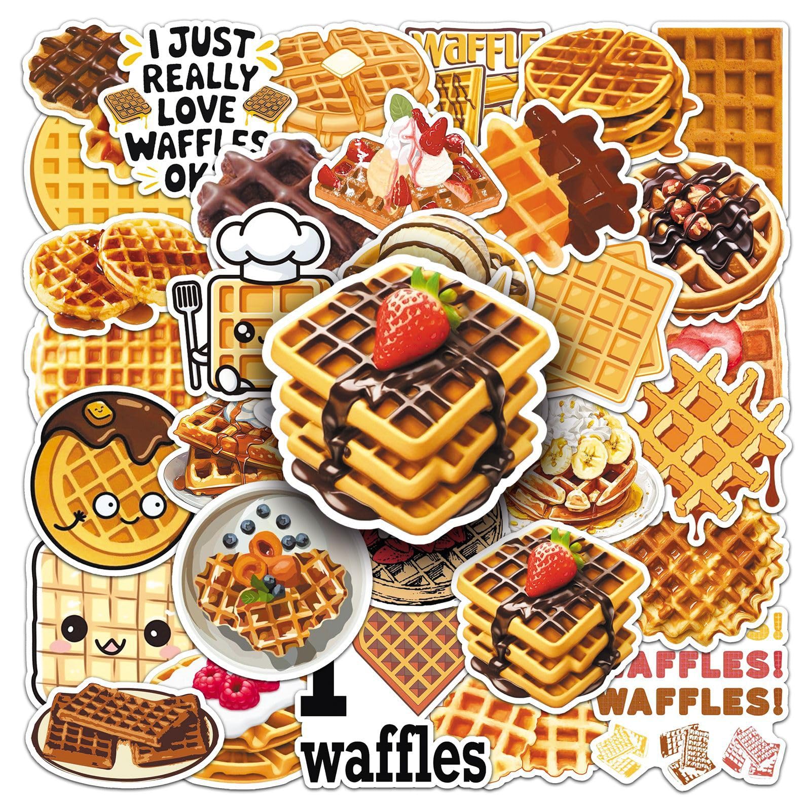 50Pcs Waffle Food Stickers Dessert Themed Vinyl Decals for Laptops Skateboards Luggage Helmets Bikes and Phones Fans Lovers and Sweet Treat Enthusiasts