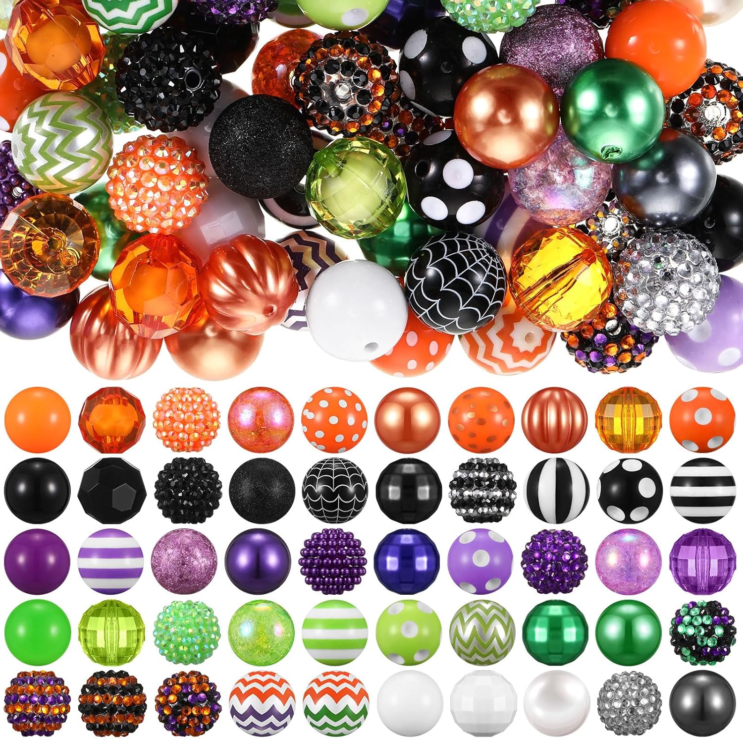 100 Pcs 20mm Rhinestone Bubblegum Beads for Pens Mixed Crystal Resin Chunky Beads for DIY Craft Keychain Necklace Bracelet Jewelry Making(Spooky Color)