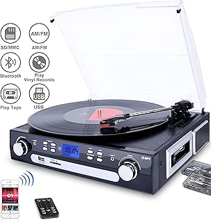 DIGITNOW Bluetooth Record Player with Stereo Speakers, Turntable for Vinyl to MP3 with Cassette Play, AM/FM Radio, Remote Control, USB/SD Encoding, 3.5mm Music Output Jack - coolthings.us