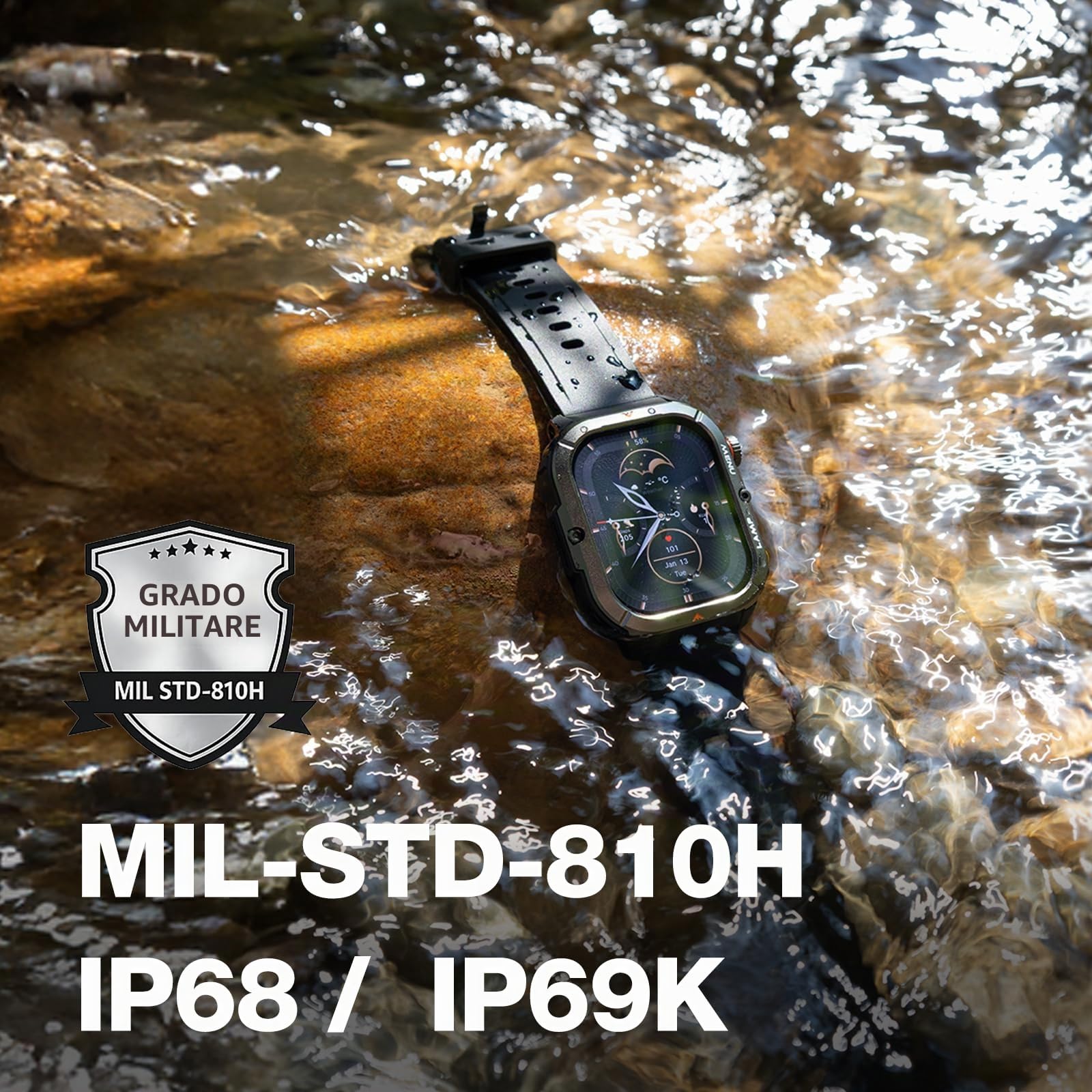 AGM Legion 3 Orologio Rugged AMOLED 1,95", IP68, Torcia, Android iOS | IP68/5ATM/810H, 500mAh, BT 6.0, 600nit, 60Hz, Android 9+ iOS 11+