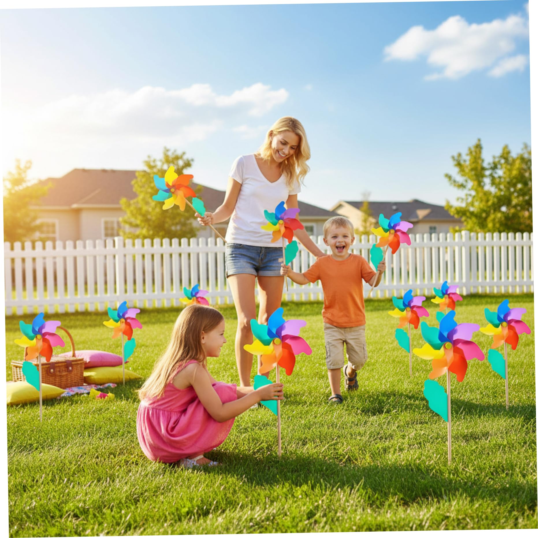 Molino de viento de plástico colorido de 7 pulgadas para niños con poste de madera de 15.8 pulgadas, 10 molinillos para patio y jardín.