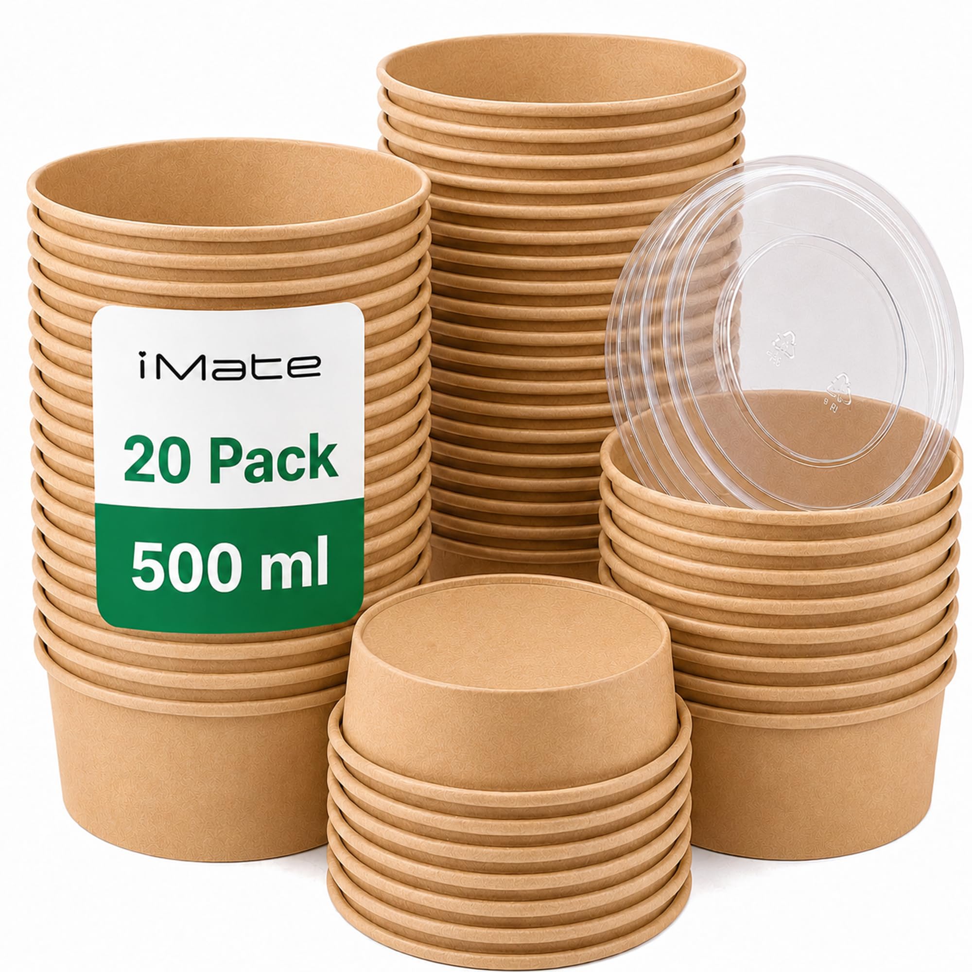 iMate 500ml Kraft Paper Bowls with Lids, Leak Resistant Takeaway, 20 Pack
