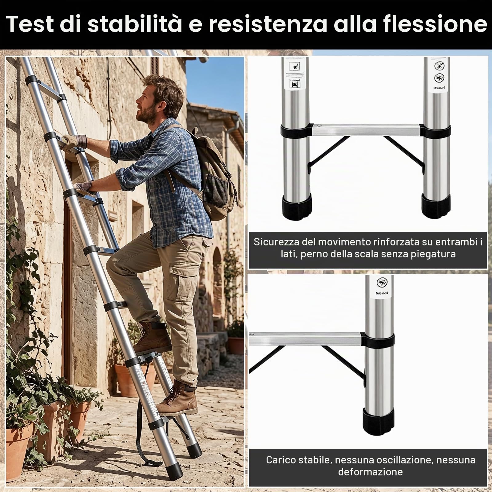 Scale a telescoppo da 5,1 m con cerniere rinforzate, scala estesa extra alta anti-oscillazione, scala pieghevole retrattile anti-goccia da 150 kg per edifici di 2-3 piani.