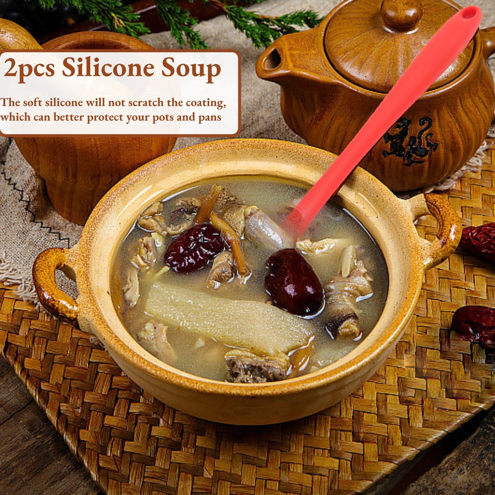 2PCS Silicone Ladle, Cooking Ladle Long Handle Soup Ladles Heat Resistant Spoons Non Stick Kitchen Utensils Serving Spoon for Soup