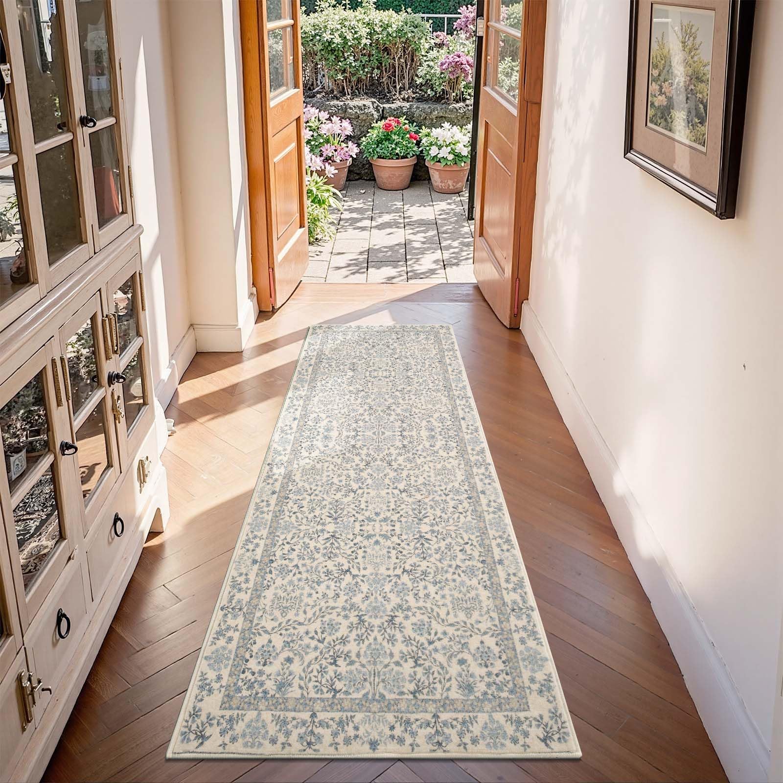 TOPICK Vintage Floral Runner Rug 60x180cm Entryway Machine Washable Non Slip Soft Rug Low-Pile Thin Carpet for Living Room Kitchen Bedroom Bathroom Blue