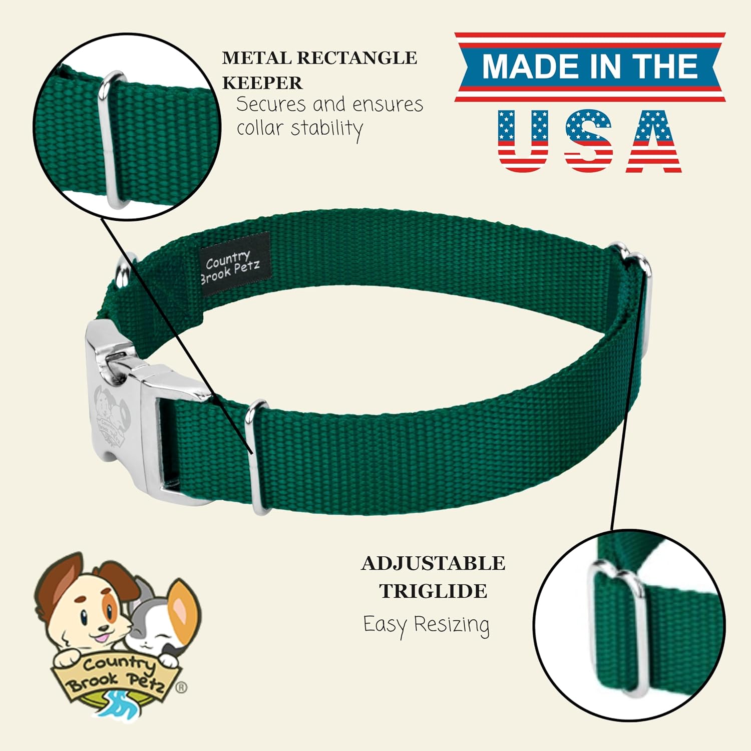 Country Brook Petz - Premium Nylon Dog Collar with Metal Buckle for Small Medium Large Breeds - 10+ Cool Colors (Medium, 3/4 Inch, Green)