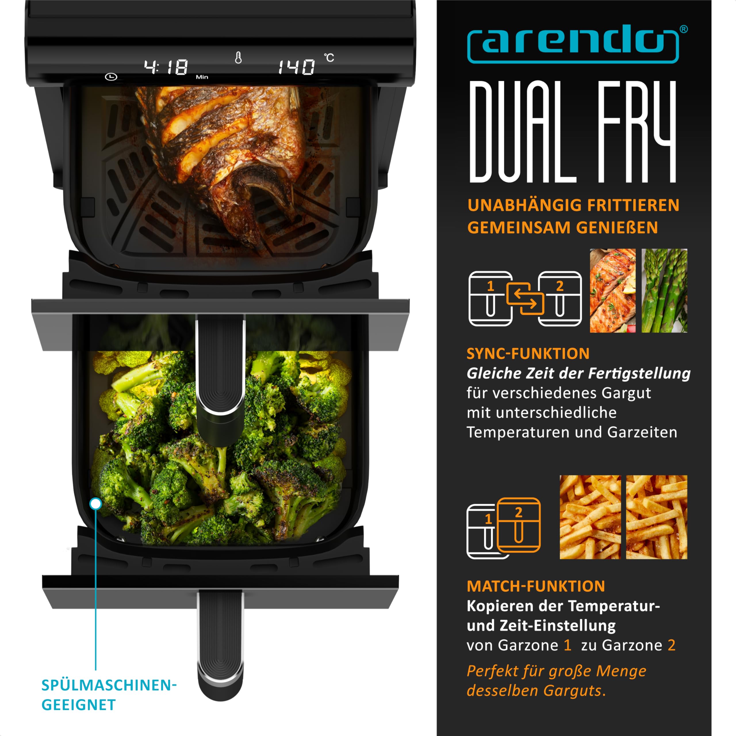 Arendo - Heißluftfritteuse XXL Dual Zone 2 Kammern – 11,4L Kapazität – 2 Zonen – Airfryer Doppelkammer mit Sichtfenster – 13 Programme – BPA-frei - 3D Umluftsystem - Sync und Match-Funktion