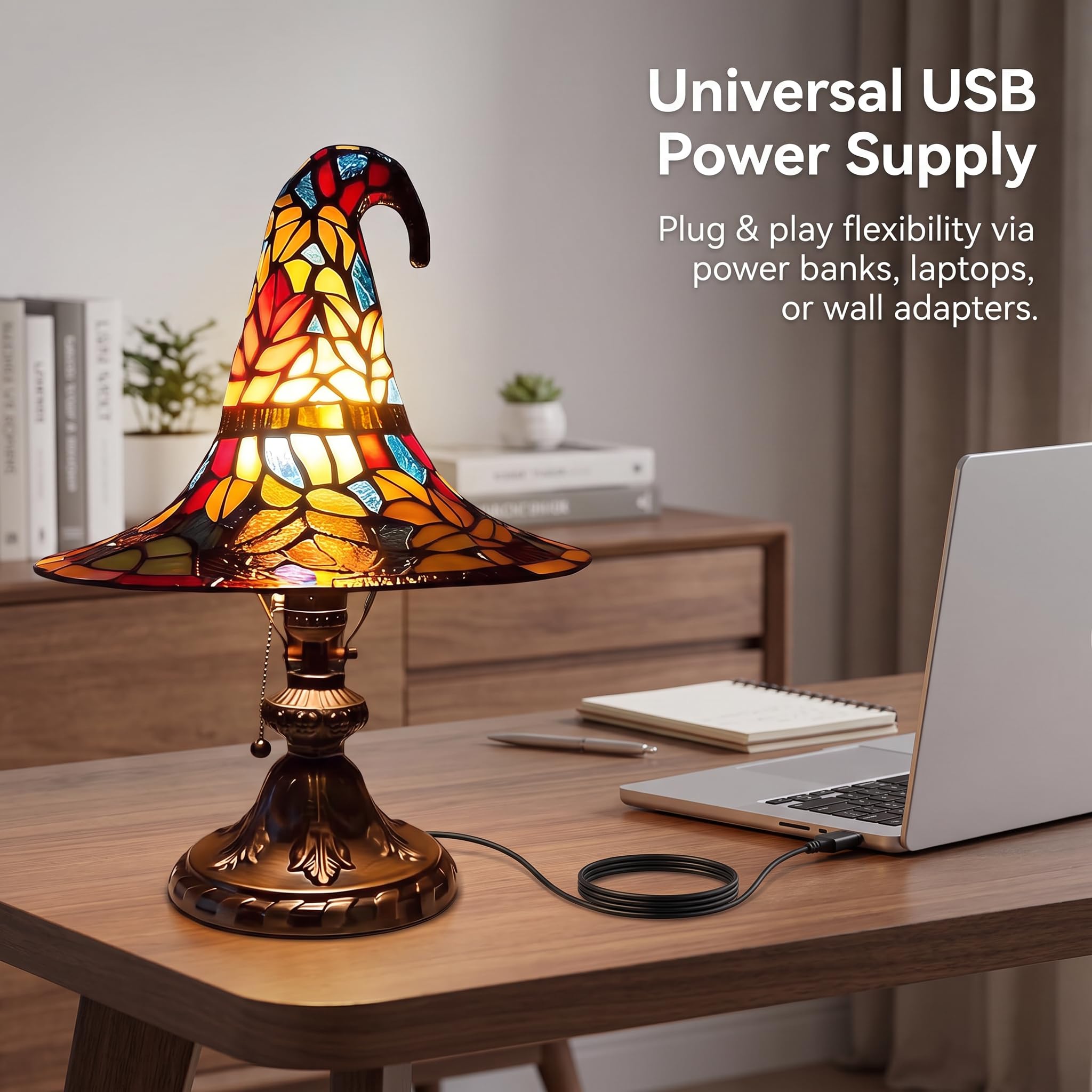 Lámpara de sombrero de bruja de vidrieras alimentada por USB | Patrón de sol, patrón de estrella, resina, alimentado por USB, adorno de mesa, luz ambiental
