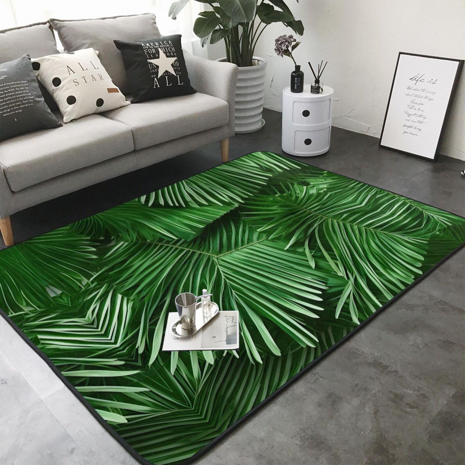 Ogniwo Alfombra suave para dormitorio, alfombra antideslizante grande de 5 x 8, decoración del hogar, alfombra de noche para sala de estar, bonito estampado de hojas de palma verde
