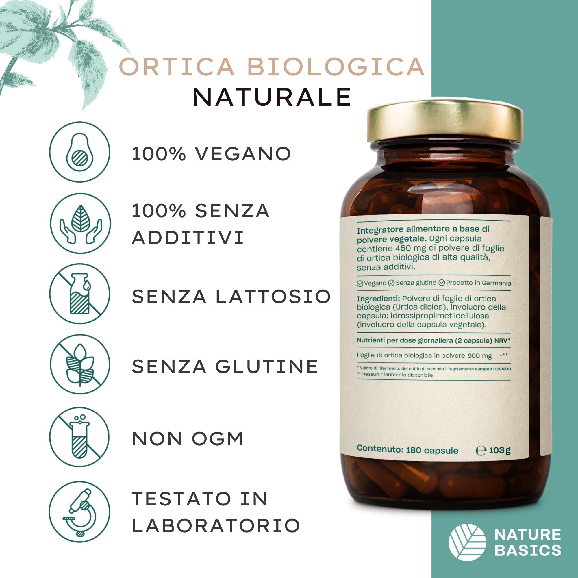 Ortica biologica - 180 capsule ad alto dosaggio / 900 mg di polvere di foglie di ortica biologica pura e di alta qualità per dose giornaliera/vegana, certificata e sostenibile in barattolo
