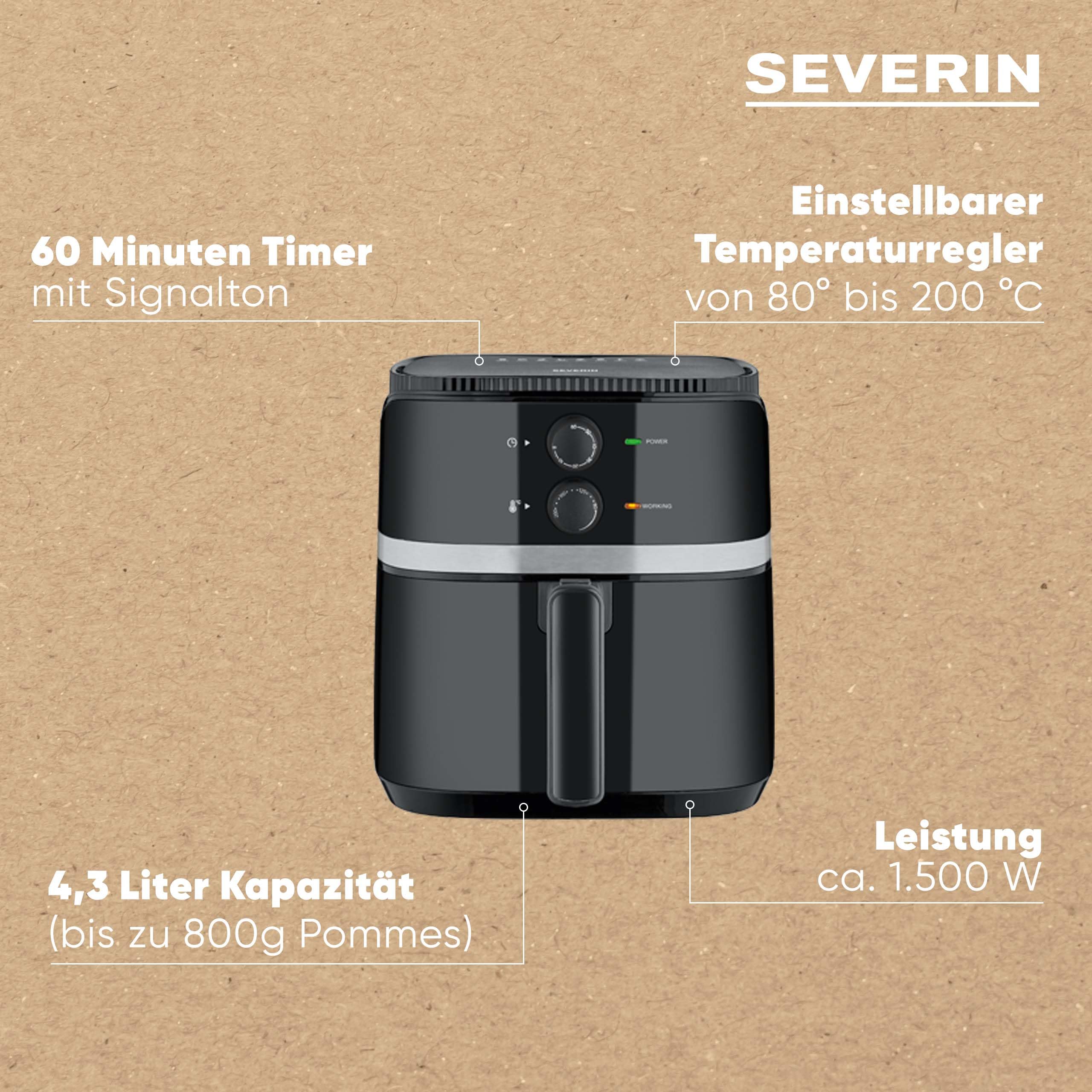 SEVERIN Heißluftfritteuse mit 5 Liter Garraum, Heißluft Fryer für gesundes Kochen, Fritteuse ohne Fett mit antihaftbeschichtetem Frittierkorb, 1500 W, schwarz/silber, FR 2452