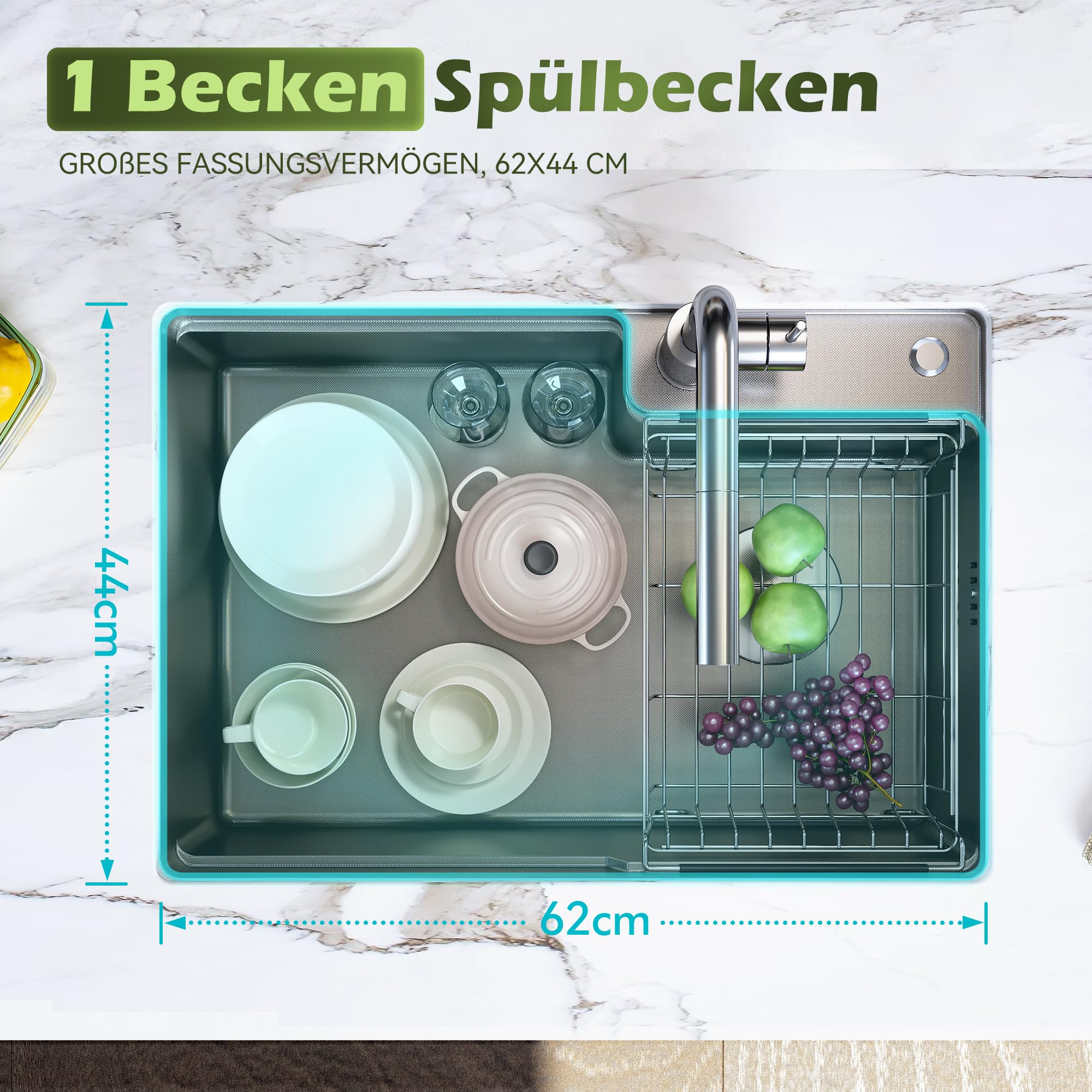 HOROW Küchen Spülbecken Edelstahl inkl. Siphon Abtropfkorb 62 x 44 cm | Küchenspüle mit Geprägte Oberfläche, öl und Kratzfest, Einfache Installation, für Küchenumbauten oder Einbau in neue Küchen