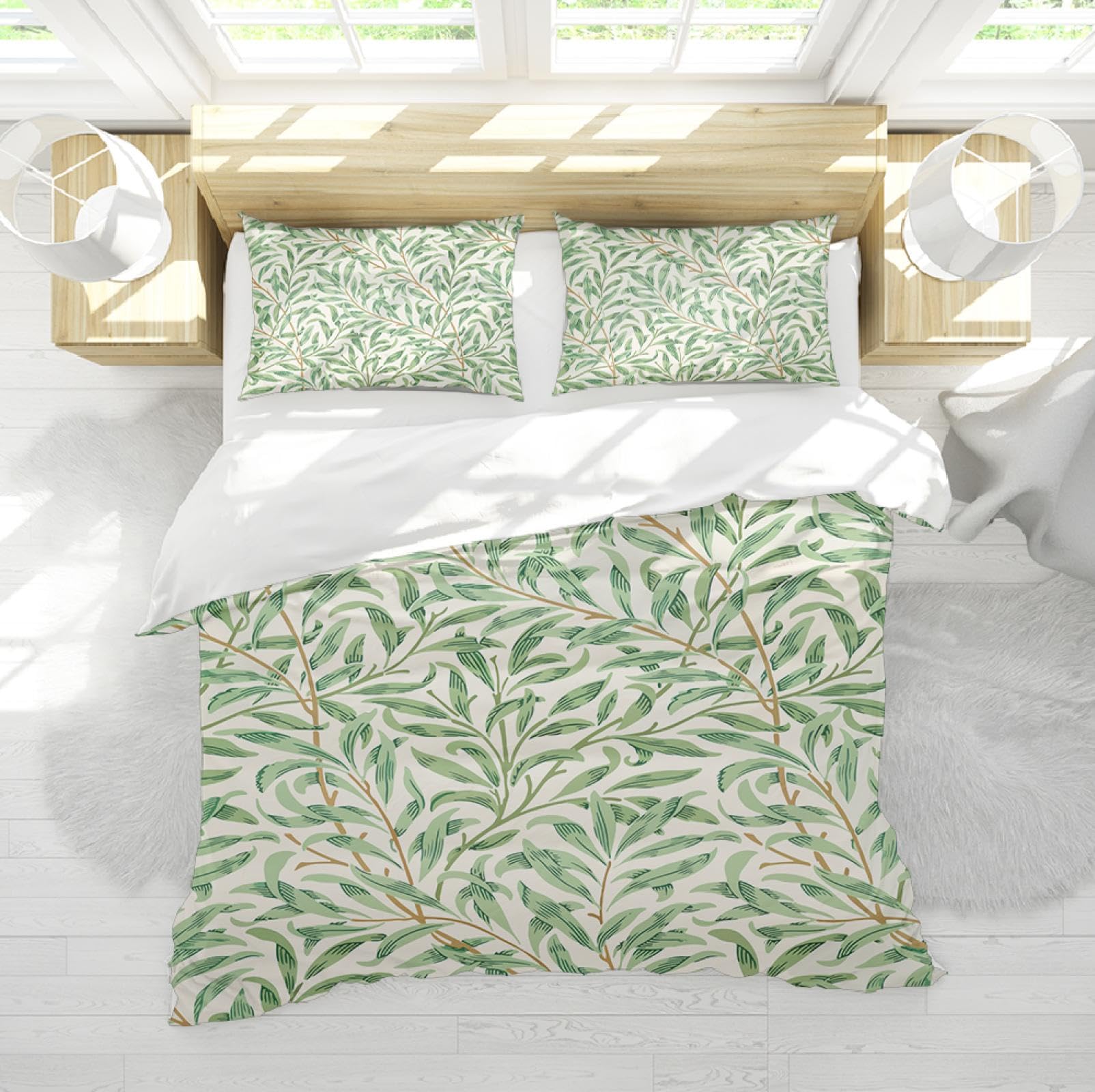 DINGSION Willam Morris Style Duvet Cover Set 3 Pieces Vintage Pattern of Leaves Green Willow Branches Bedroom Bedding Set with 2 Pillow Shams Single