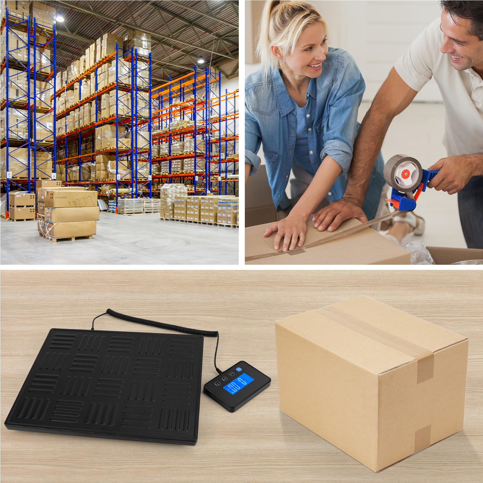 Báscula Digital, 50g-300kg Balanza Postal, Balanza de Envíos con Función de Retención y Tara para Paquetes Equipaje de Almacén, Plataforma de Aleación Duradera, Pantalla LCD Externa