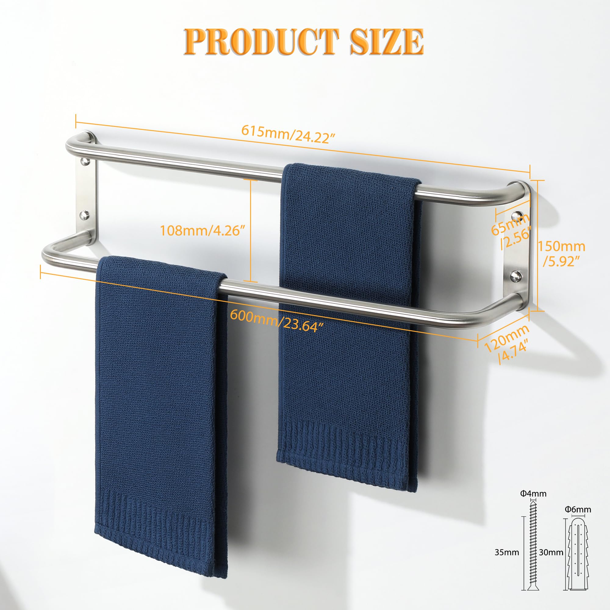 Mooche Towel Rail Wall Mounted,Bathroom Towel Holder Double Towel Rack for Bathroom,SUS304 Stainless Steel 600MM Towel Shelf Double Towel Bars for Hotel,Kitchen,Drawing Room,Toilet(Brushed) - Image 2