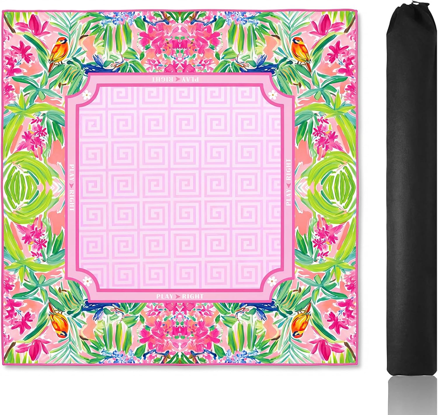 Pink Floral Mahjong Mat,31.5" x 31.5" Multi Purpose Colorful Game Table Cover Anti Slip and Noise Reduction for Mahjong Poker Board Card Dominoes Games with 1 Black Carrying Bag