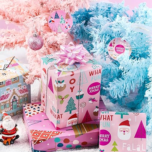 Miniatura 6 de WRAPAHOLIC Hoja de papel de regalo de Navidad, 12 hojas de diseño de árbol de Navidad rosa y casa, plegada plana con 12 etiquetas de regalo para