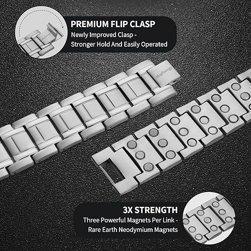 Miniatura 5 de MagEnergy Pulsera magnética para hombre para el dolor, pulsera de terapia magnética con imanes de neodimio de 3 filas, pulsera de acero de titanio