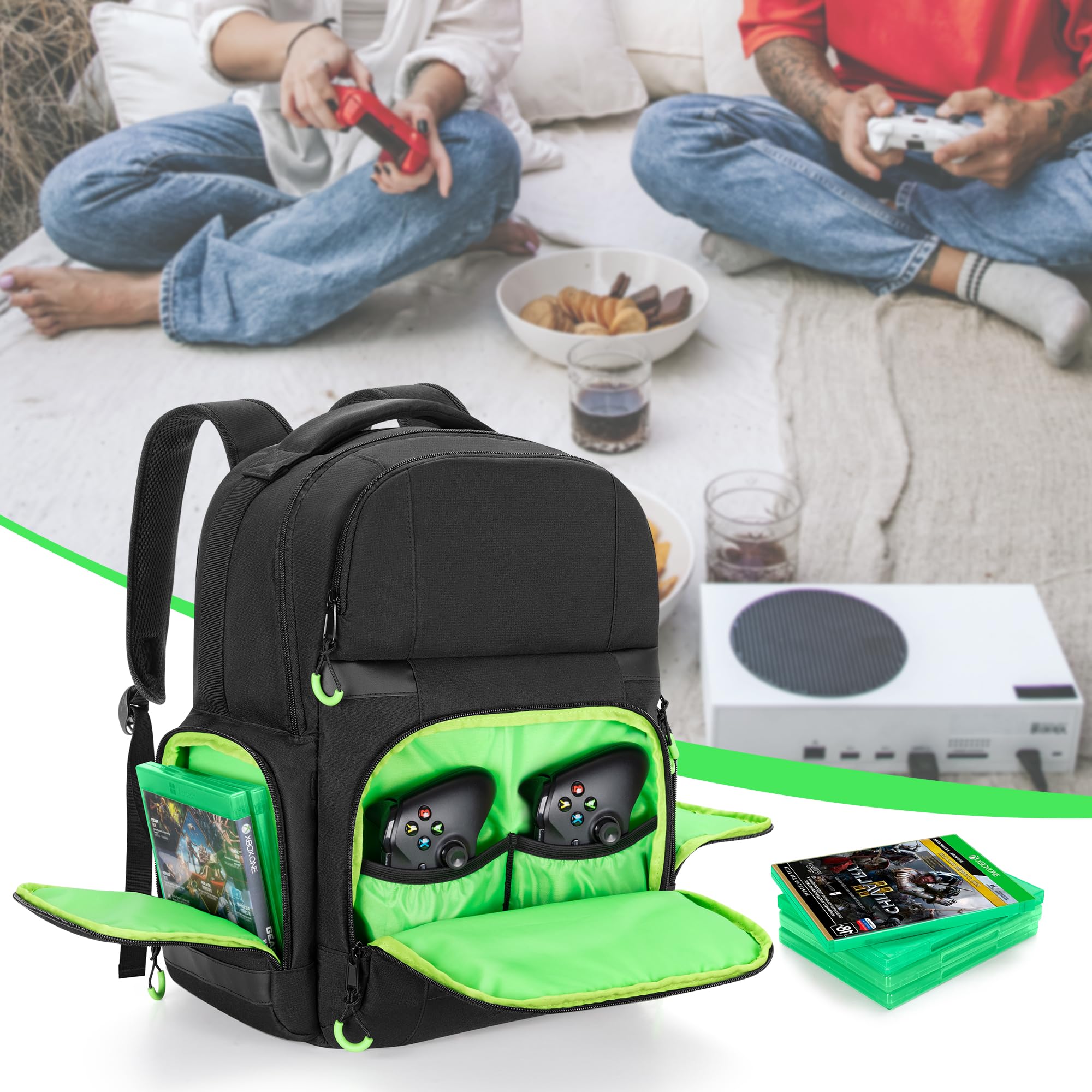 PGmoon - Mochila de transporte compatible con consola Xbox Series X/S, funda de transporte con espacio de almacenamiento separado para consola, auriculares, mandos, varios bolsillos para accesorios de