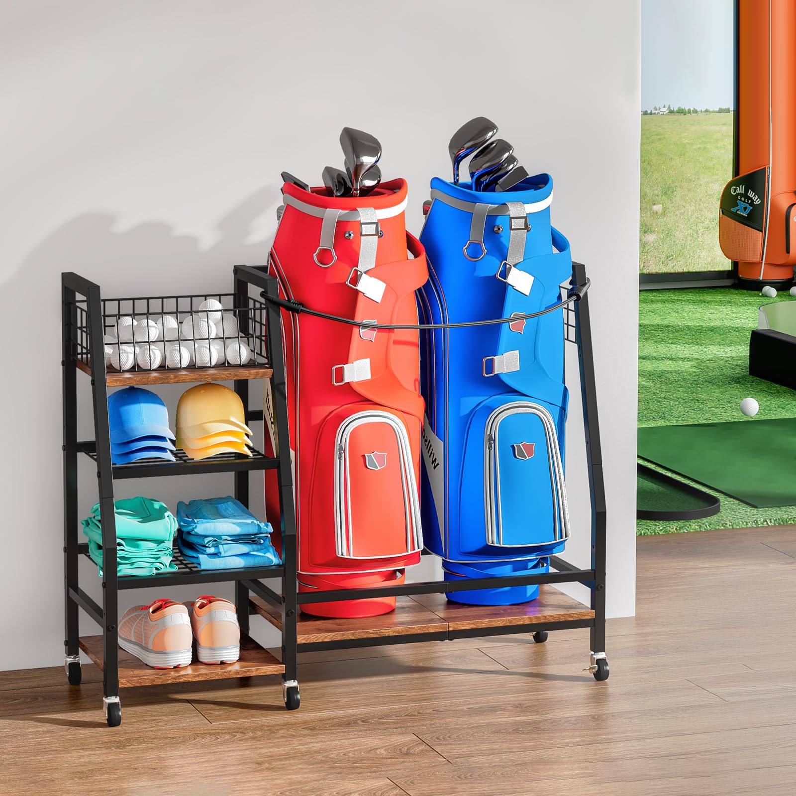 Support de Rangement pour Clubs de Golf avec roulettes, Organisateur Robuste pour Sacs de Golf, Grand Support pour Équipements de Golf, Meuble de Rangement pour Maison et Garage