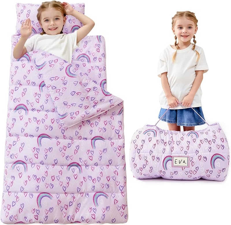 Toddler Nap Mat for Preschool 50''x30'' Sleeping Mat with Removable Pillow and Minky Blanket for Kids Ages 3-7 Roll Up Soft Sleeping Bag for Boys Girls Kindergarten Daycare Sleepover
