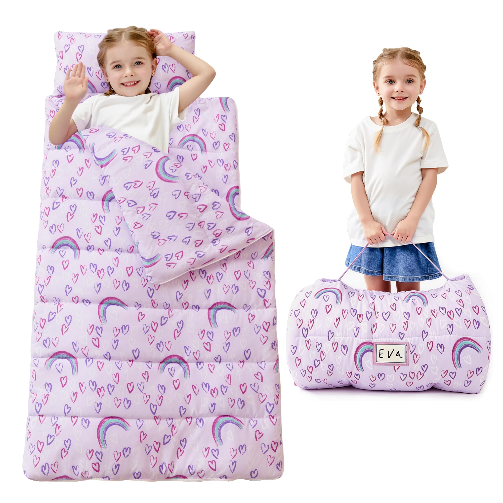 Toddler Nap Mat for Preschool 50''x30'' Sleeping Mat with Removable Pillow and Minky Blanket for Kids Ages 3-7 Roll Up Soft Sleeping Bag for Boys Girls Kindergarten Daycare Sleepover