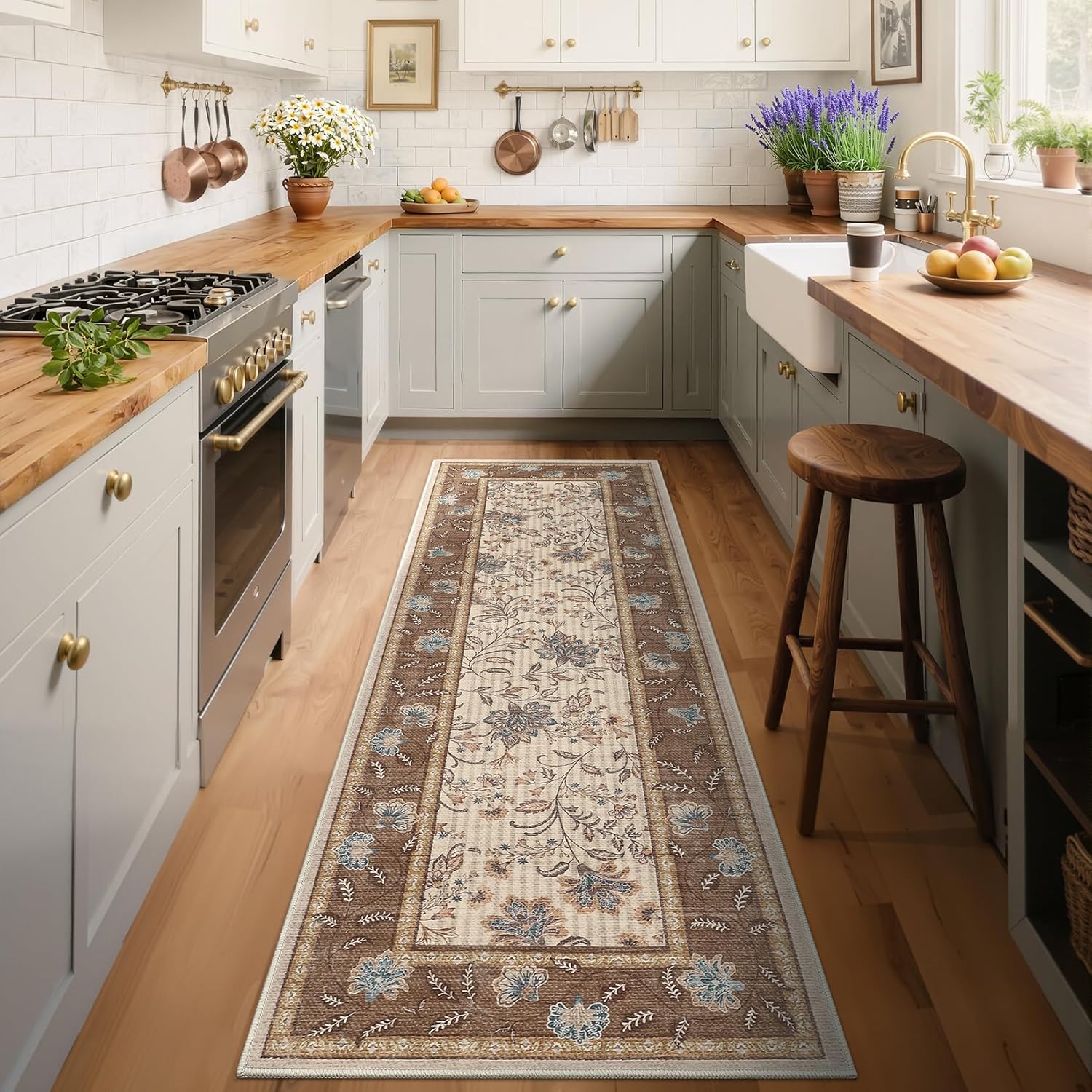 GarveeHome 2x6 Washable Runner Rug for Bedroom, Soft Botanical Floral Kitchen Runner with Non Slip Backing Brown Farmhouse Laundry Mat Stain Resistant Carpet for Hallway Bathroom Beside Rug