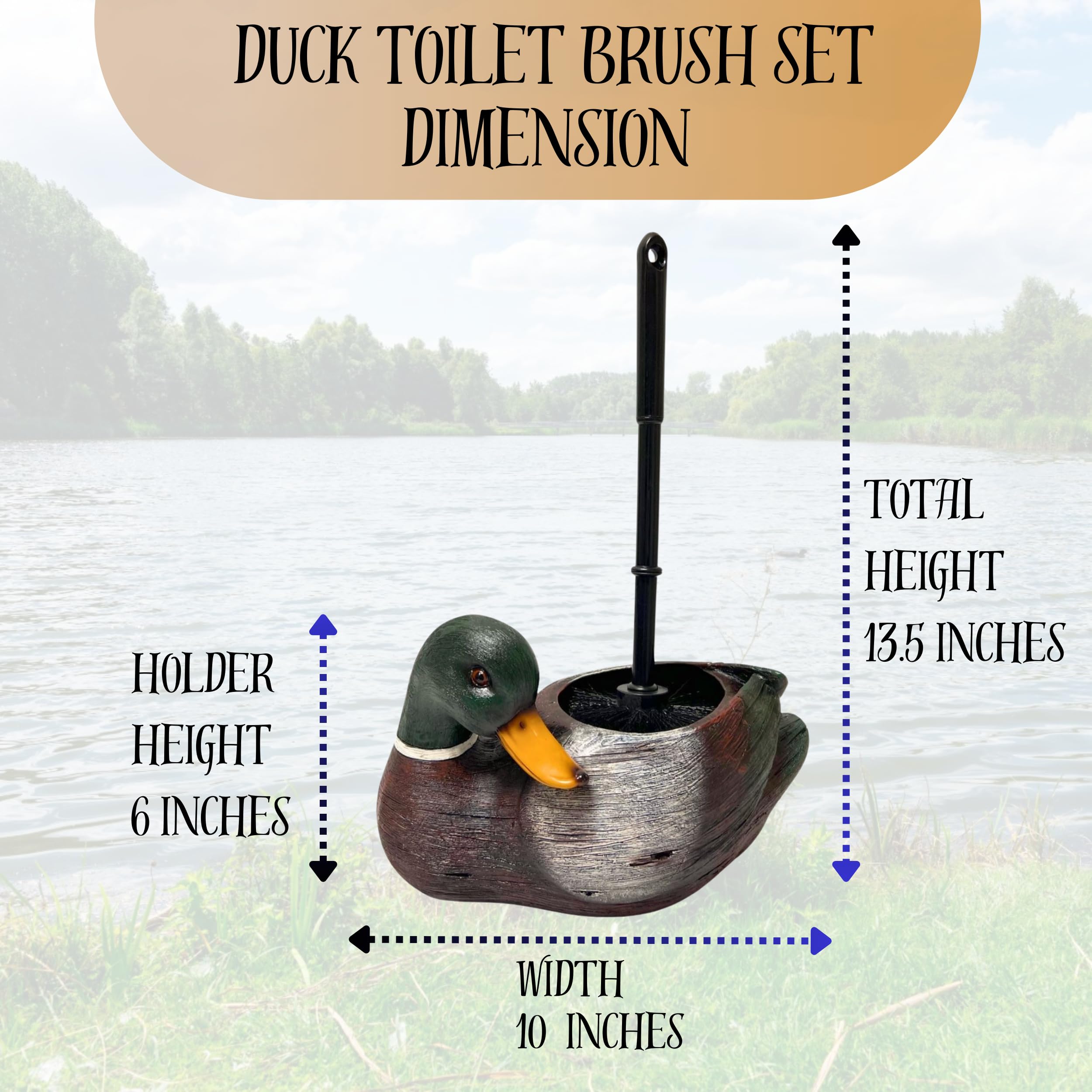 Mallard Duck Toilet Brush Holder Set - Decorative Polyresin Bathroom Accessory, Lakehouse Theme, 13.5 Inches Tall