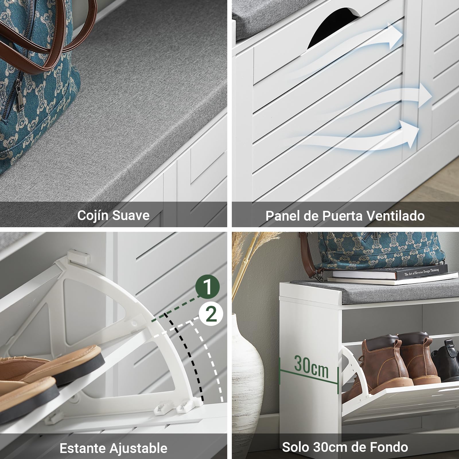 SoBuy Banco Zapatero con Asiento Zapatero Entrada Recibidor - Banco Almacenaje con Cojín Ergonómico, Capacidad 8 Pares, Diseño Compacto para Pasillos Estrechos - Blanco, 97x30x47 cm - FSR62-II-W