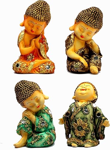 eSplanade Smiling Happy Baby - Estatuas de monje de Buda Juego de 4 figuras de monje Feng Shui, decoración del hogar, resina, 7 pulgadas, multicolor
