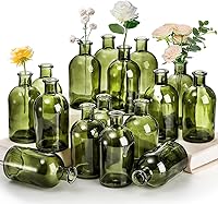 YOUEON 16 Pack Green Glass Bud Vases Bulk - Small Flower Vases for Weddings, Centerpieces, Home Decor & DIY Crafts