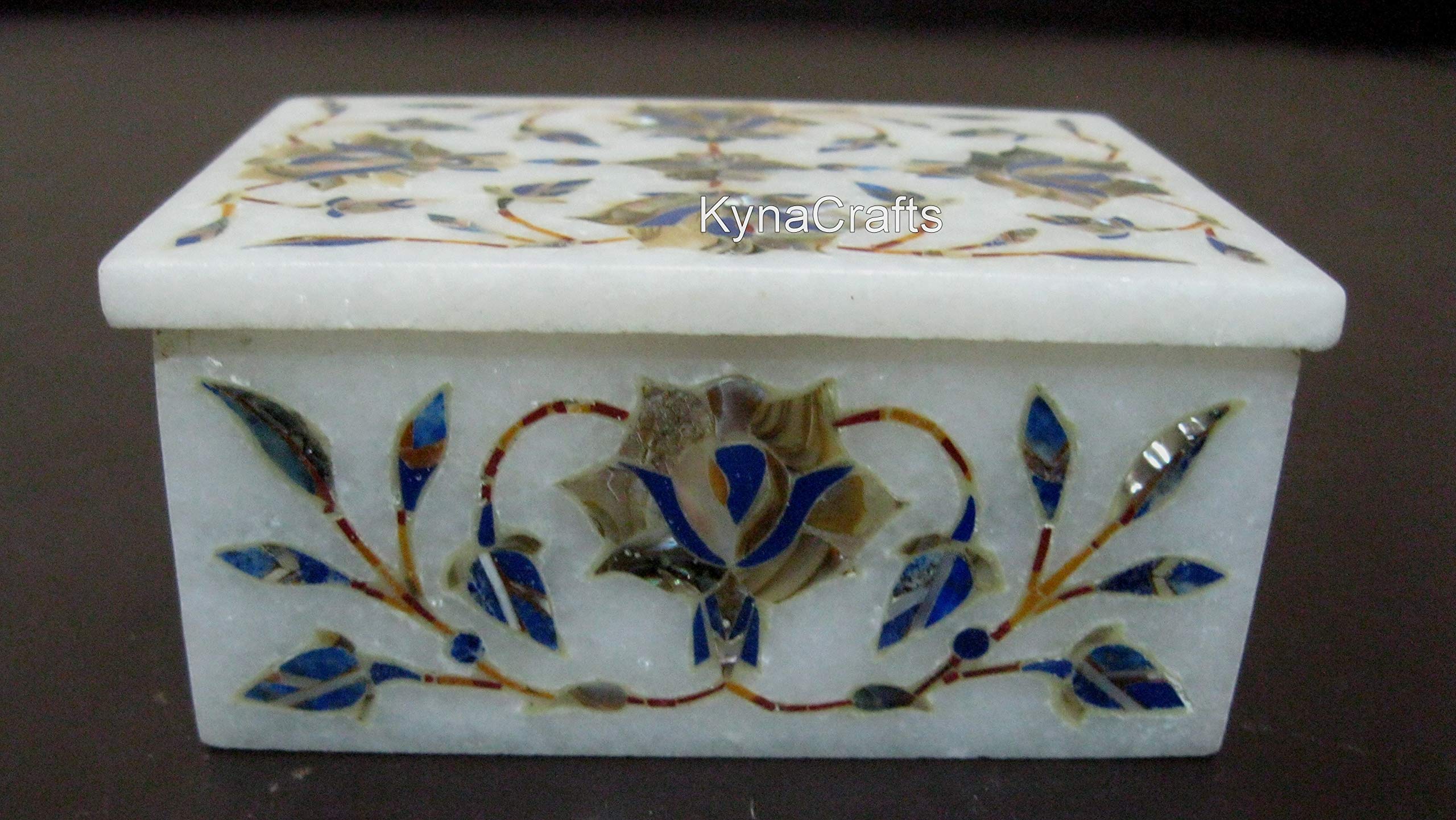10,2 x 7,6 cm madreperla e lapislazzuli pietra intarsio di lavoro portagioie scatola rettangolare in marmo bianco scatola multiuso