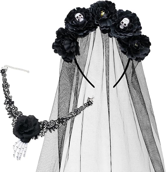 2Pcs Halloween Rose Veil Headband and Black Skeleton Hand Lase Choker, Skull Hair Band Flower Crown Day of The Dead Headpiece