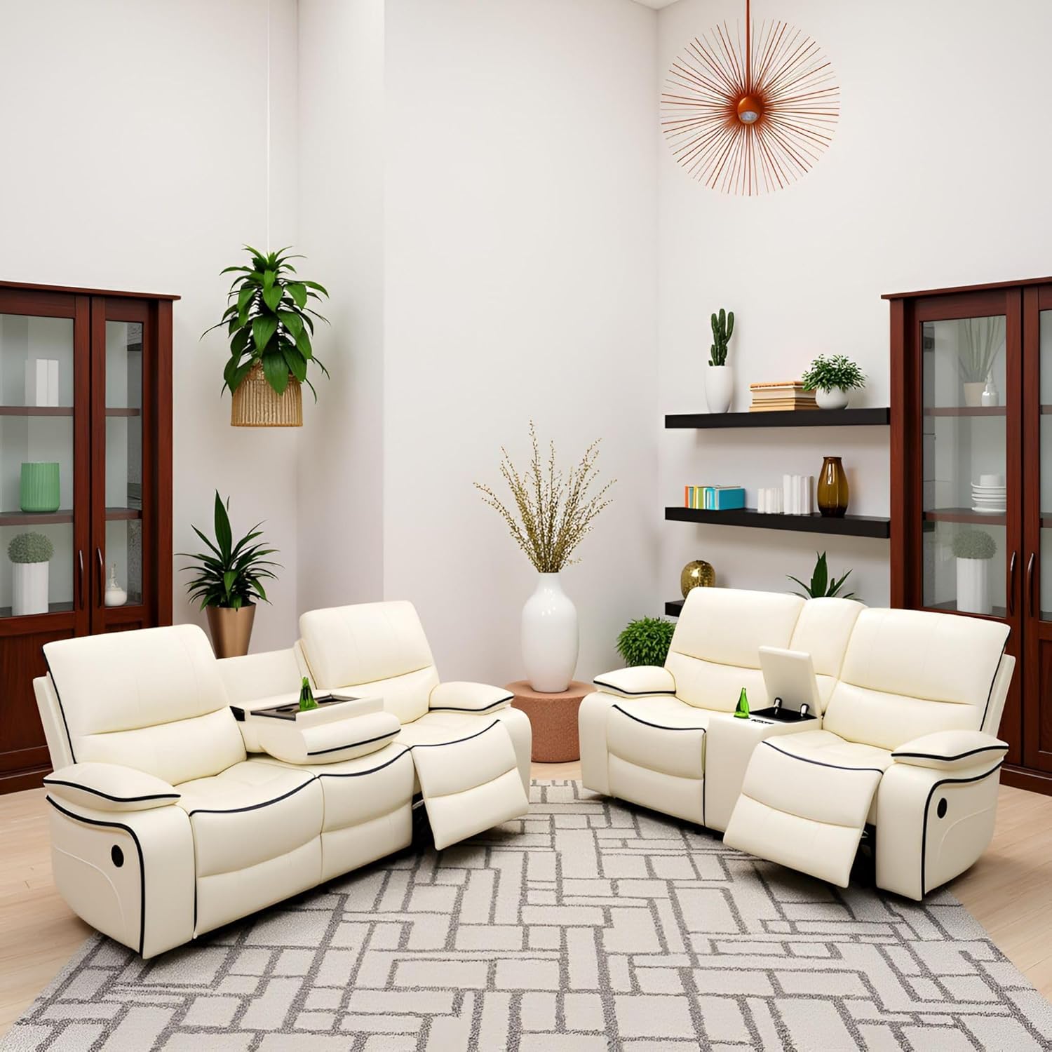 Recliner Sofa Set, Breathing Leather Living Room Furniture, Creamy White Reclining Leather Couch with USB Ports/Cup Holders/Storage Console (Creamy White-Manual Recliner, Loveseat)