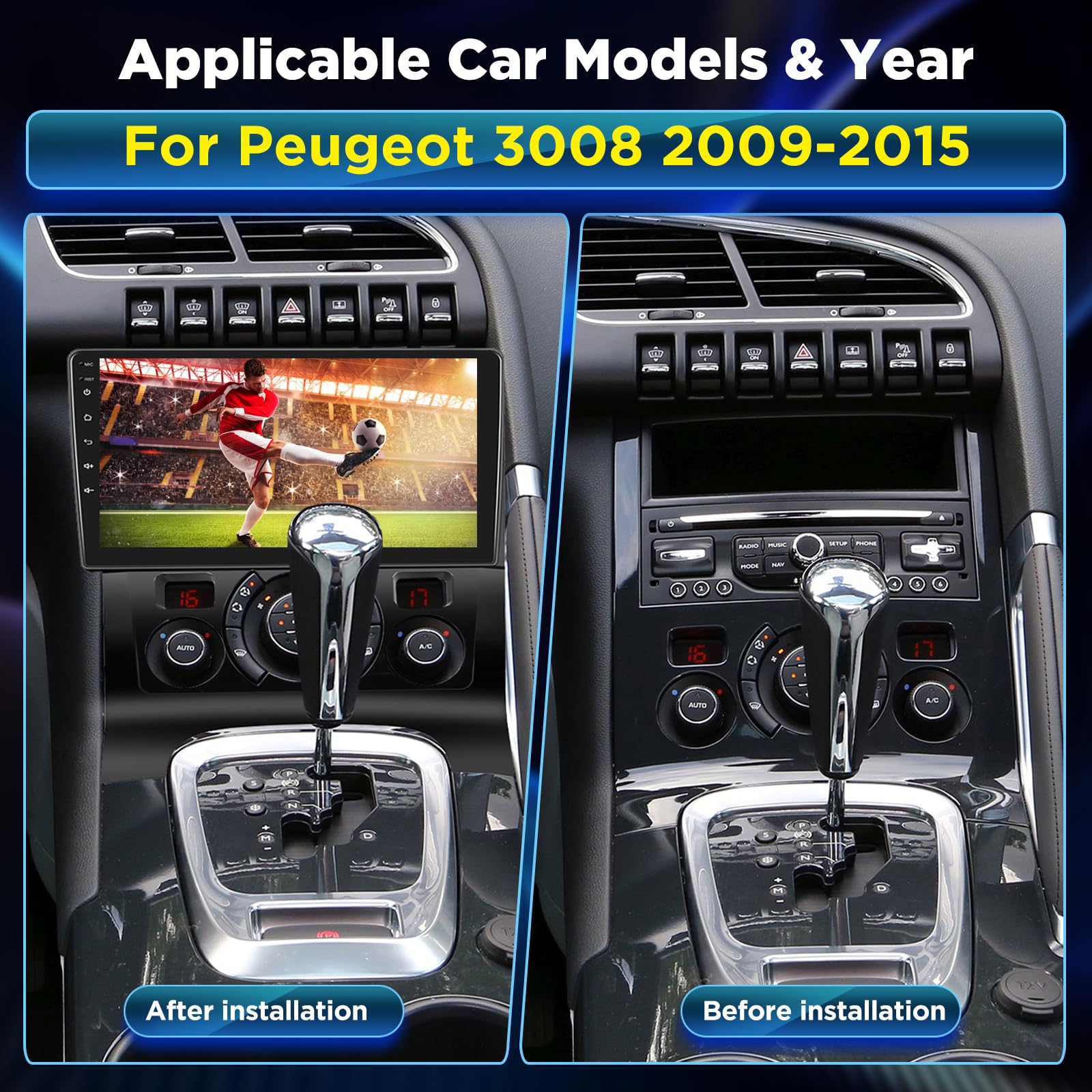 Autoradio pour Peugeot 3008 2009-2015, [2G+64G] Android 9 Pouces Touch Screen Radio with Wireless Carplay and Android Auto/Bluetooth/WiFi/Bluetooth/EQ/FM RDS Radio