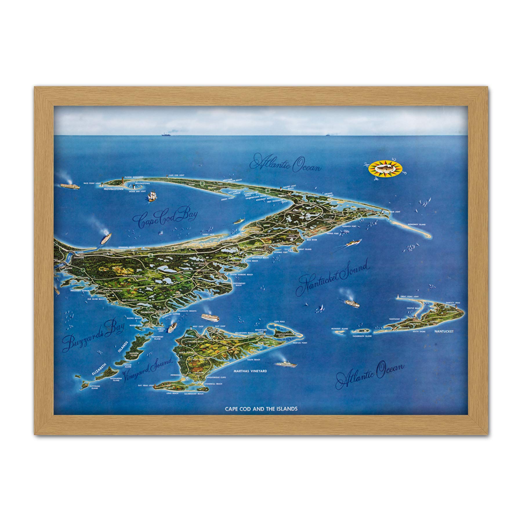 Macdonald 1958 Map Cape Cod Islands Bird's Eye Artwork Framed Wall Art Print 18X24 Inch