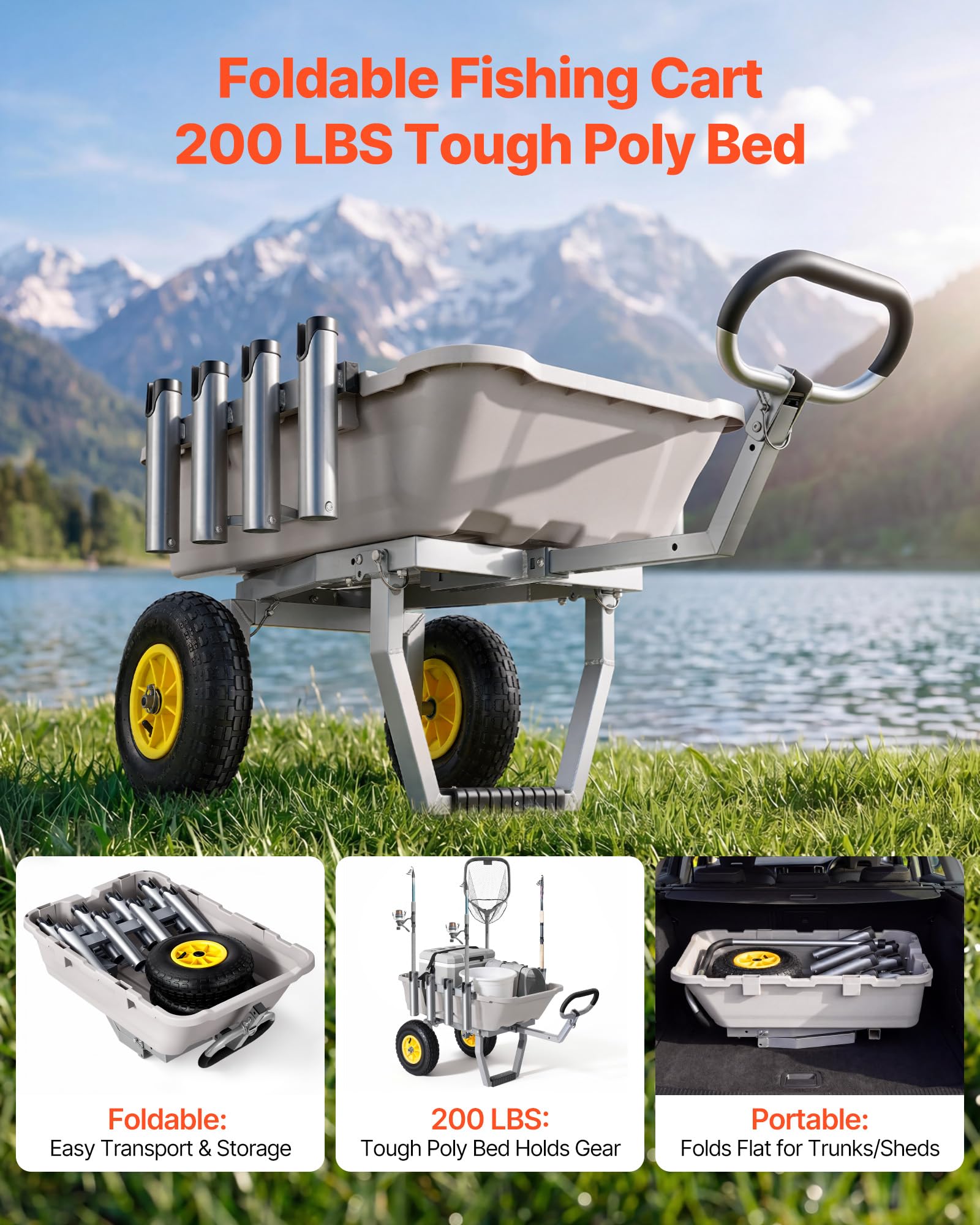 VEVOR Carrello Pesca Spiaggia 90,7 kg Alluminio Ruote 330 mm 8 Portacanne