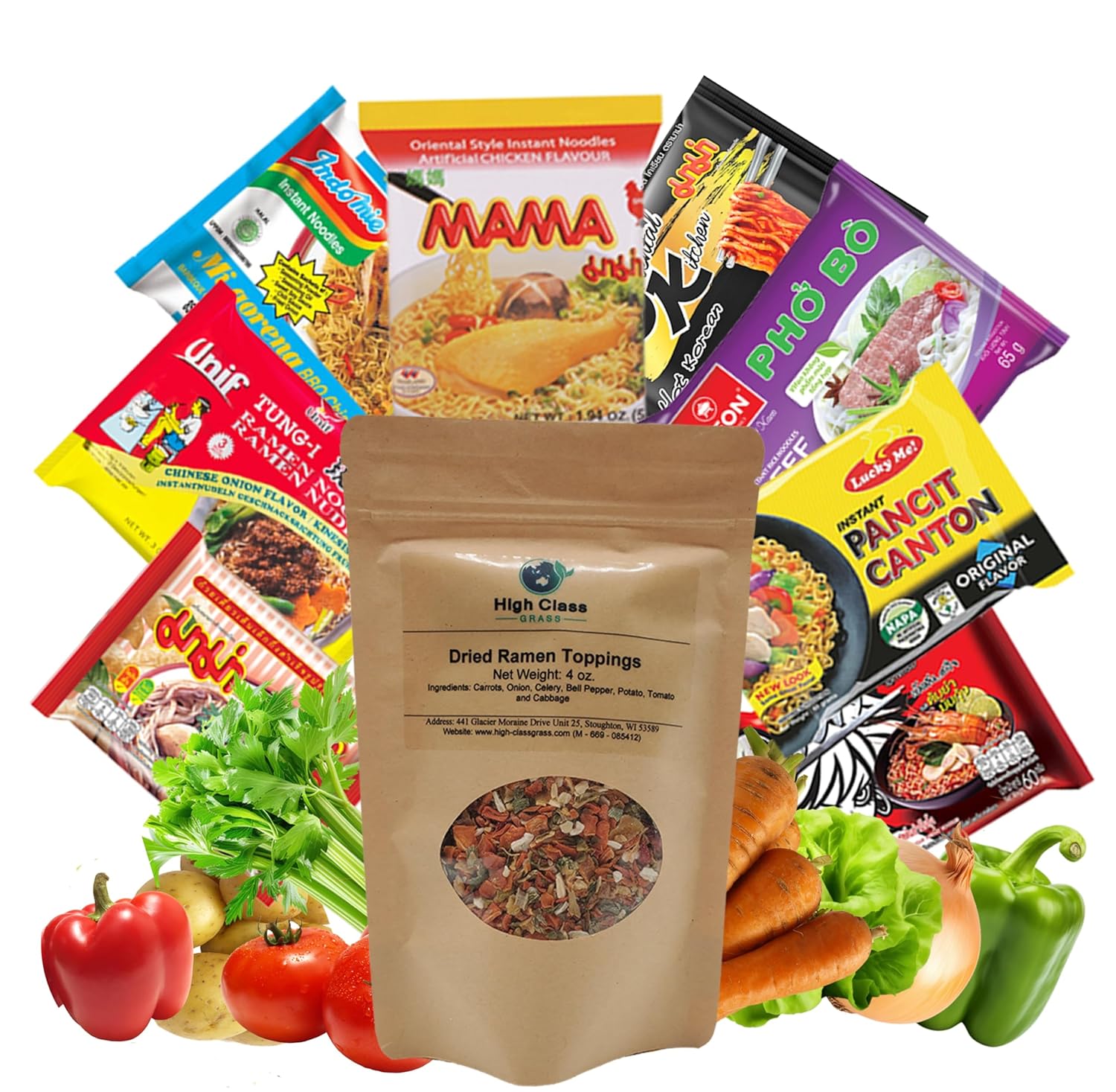 High Class Grass Ramen Care Package with Toppings, 8 Instant Noodles with Dehydrated Vegetable Flakes