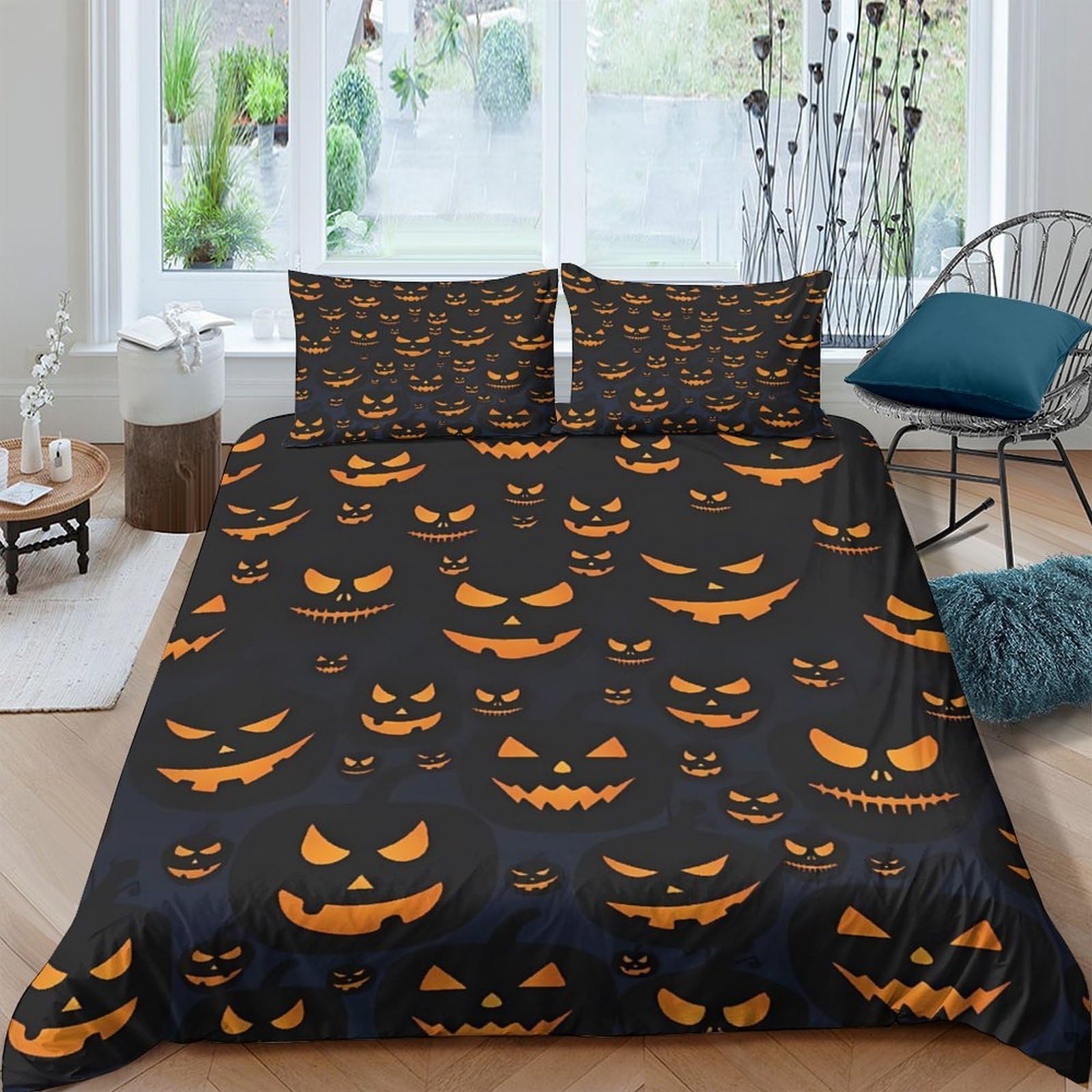 GPLZQXKJNH 3D Printed Pumpkin Faces Duvet Cover Microfiber Soft Breathable Halloween Jack O'Lantern Bedding Set with 2 Pillowcases for Bedroom Decor Single（135x200cm）