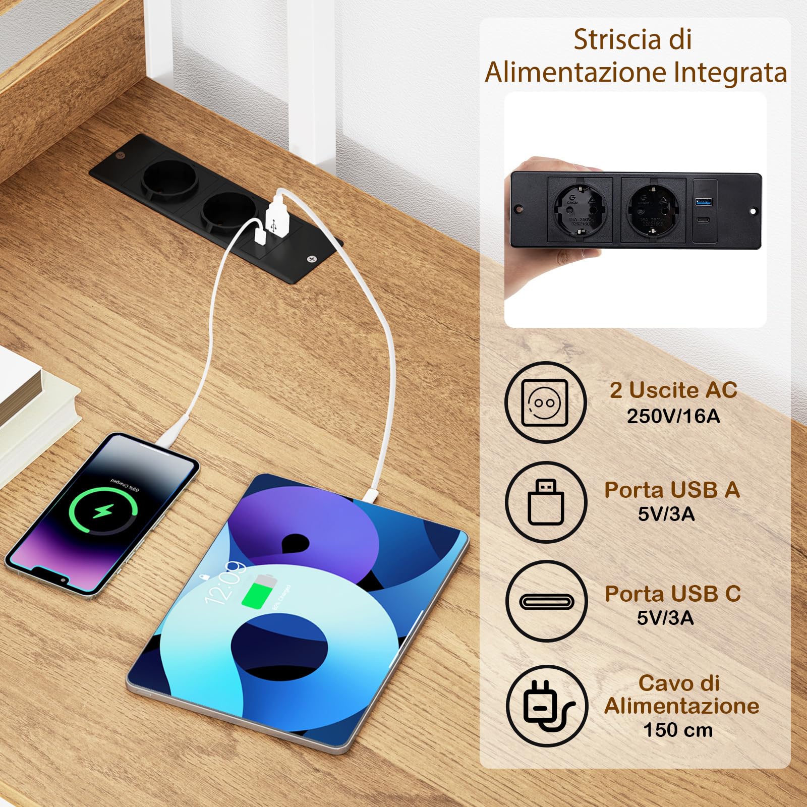 GYMAX Scrivania per Computer con Stazione di Ricarica, USB/Type-c, Postazione di Lavoro con Libreria, in Metallo, Tavolo per Ufficio, Soggiorno, Camera,120 x 65 x 130 cm (Naturale)