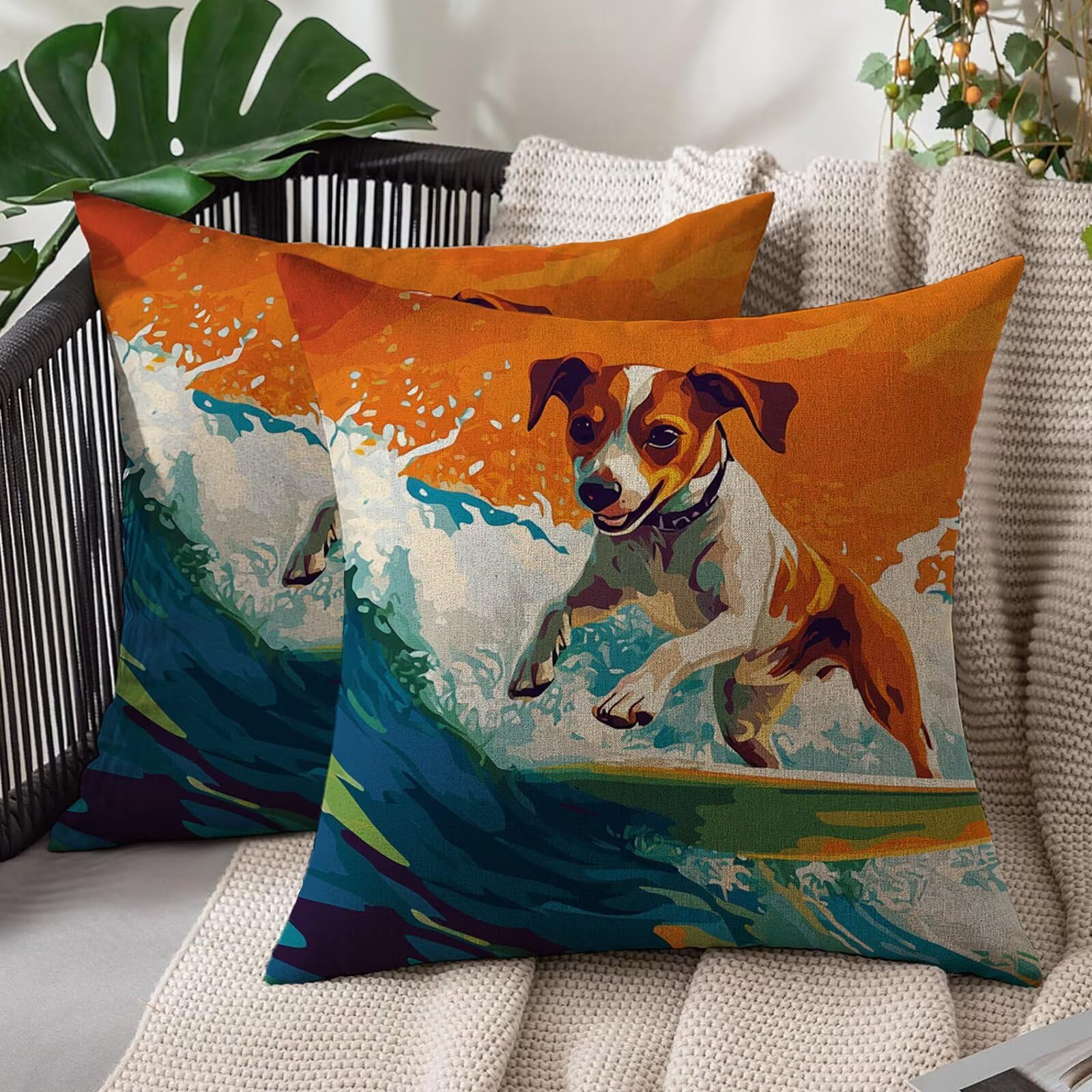 Housse coussin 60x60 cm chien lot de 2 en lin pour canapé et extérieur