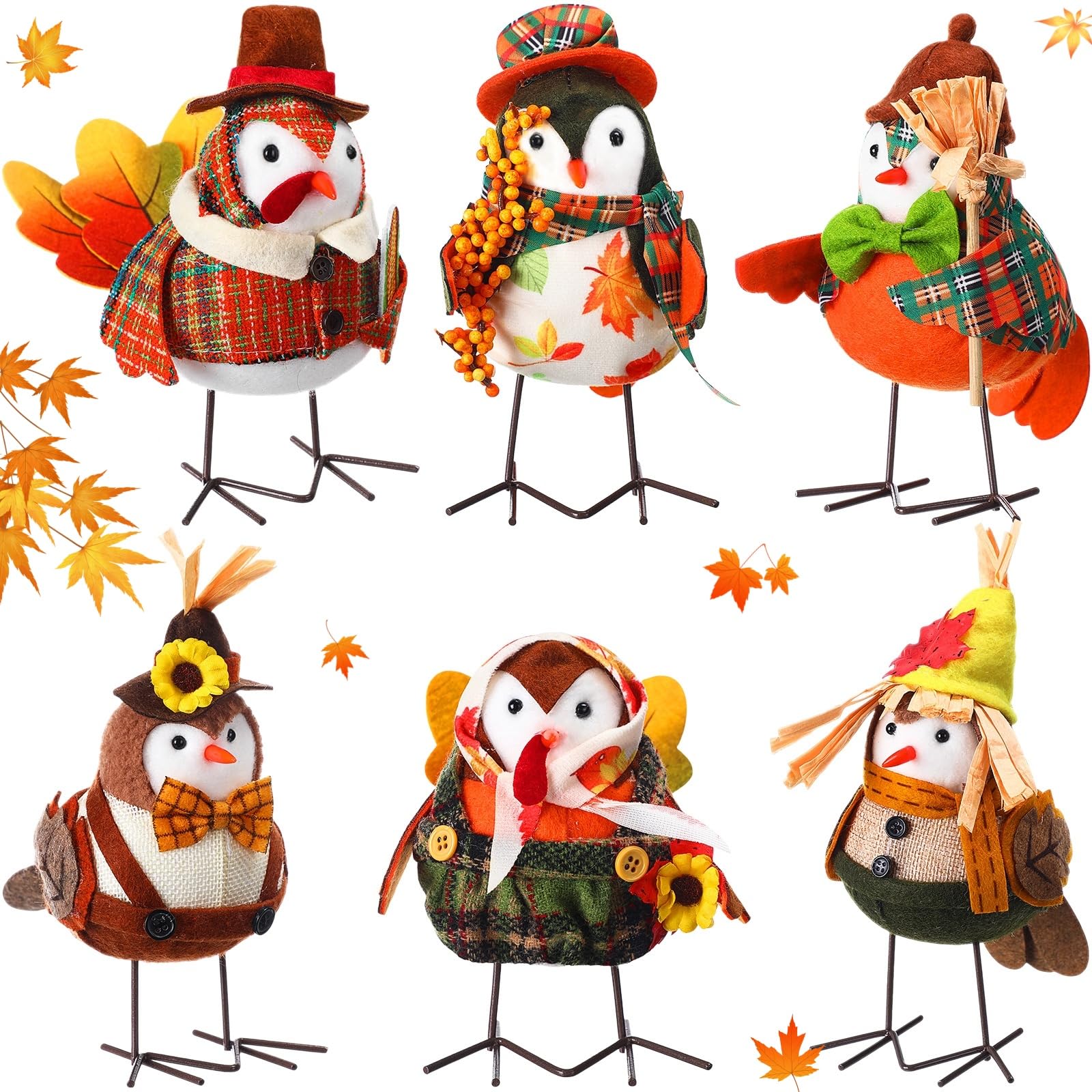 Blosssound 6 Pcs Fall Table Decorations Thanksgiving Plush Fabric Birds Figurine 6 Style Autumn Harvest Standing Birds Doll Thanksgiving Tabletop Ornament Gifts for Indoor Office Mantel Garden